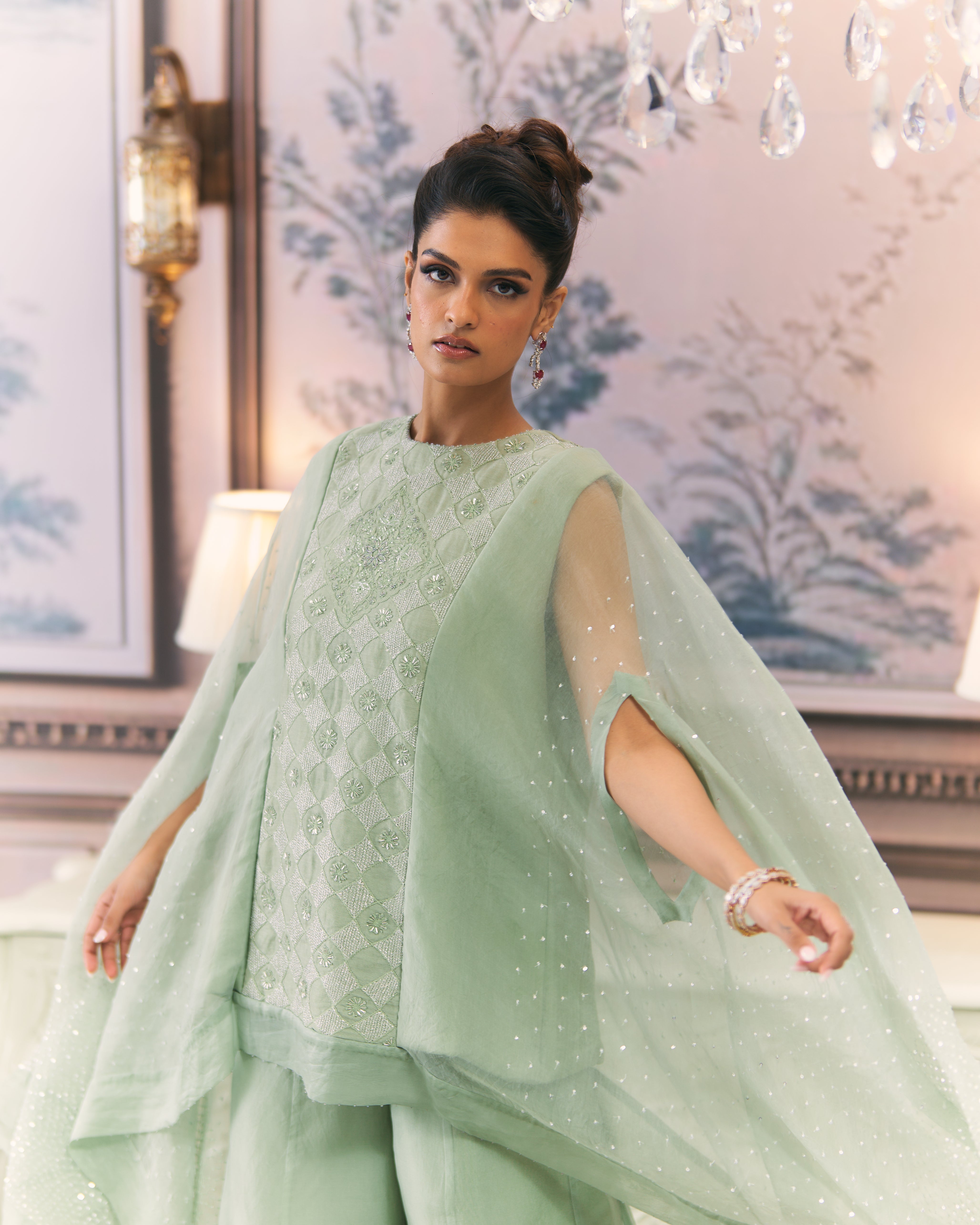 Chikankari Drape Top and Organza Sharara Set
