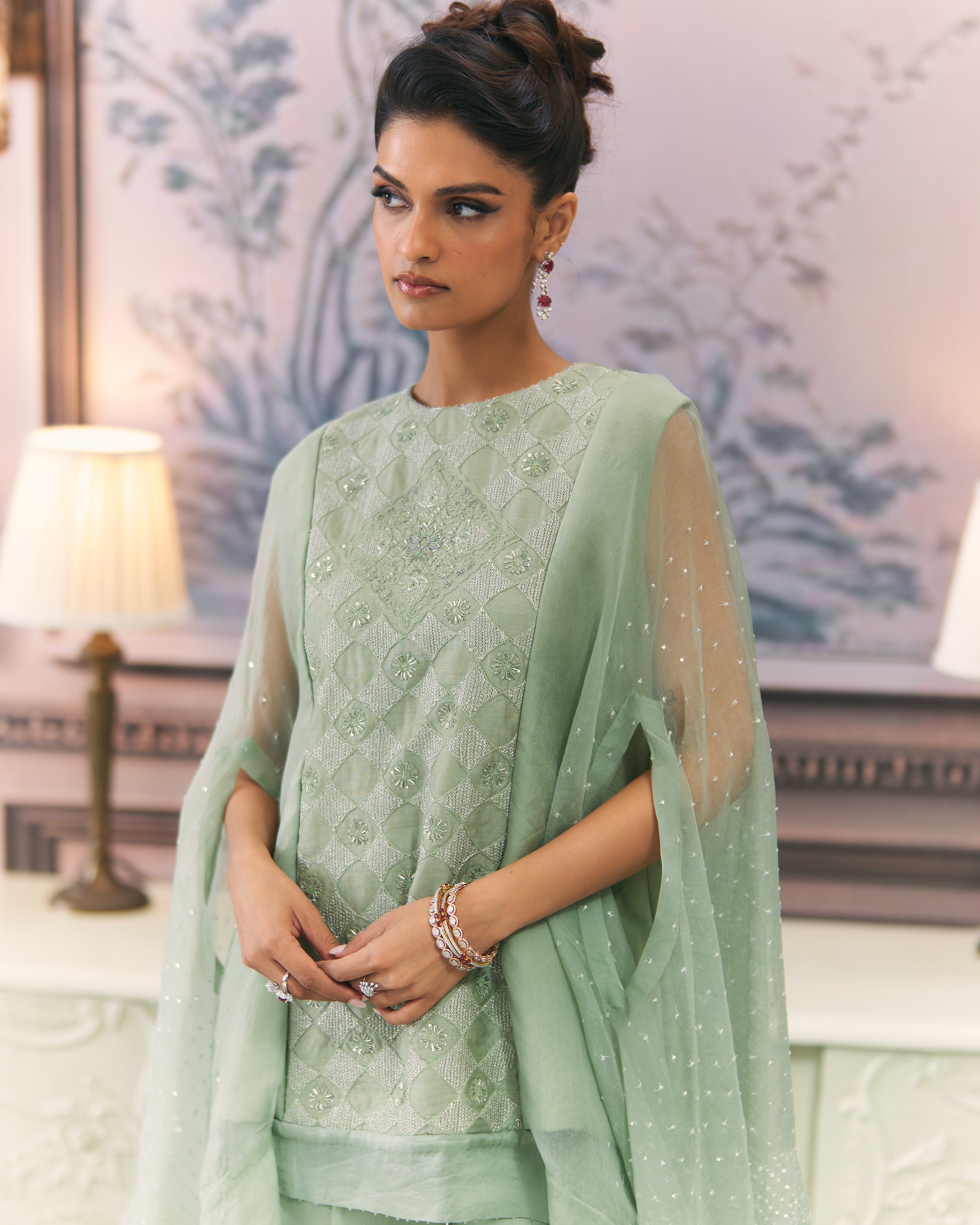 Chikankari Drape Top and Organza Sharara Set
