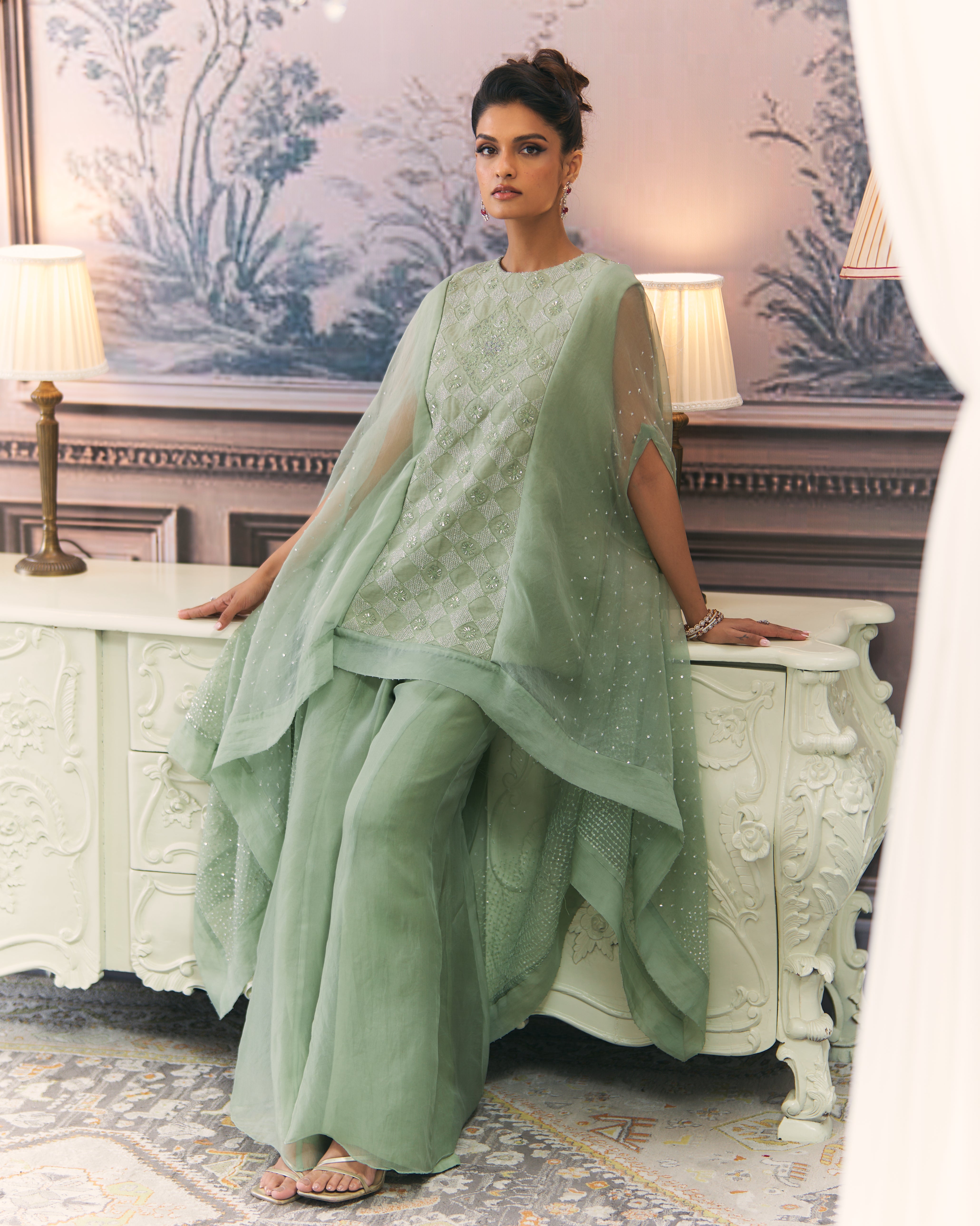 Chikankari Drape Top and Organza Sharara Set