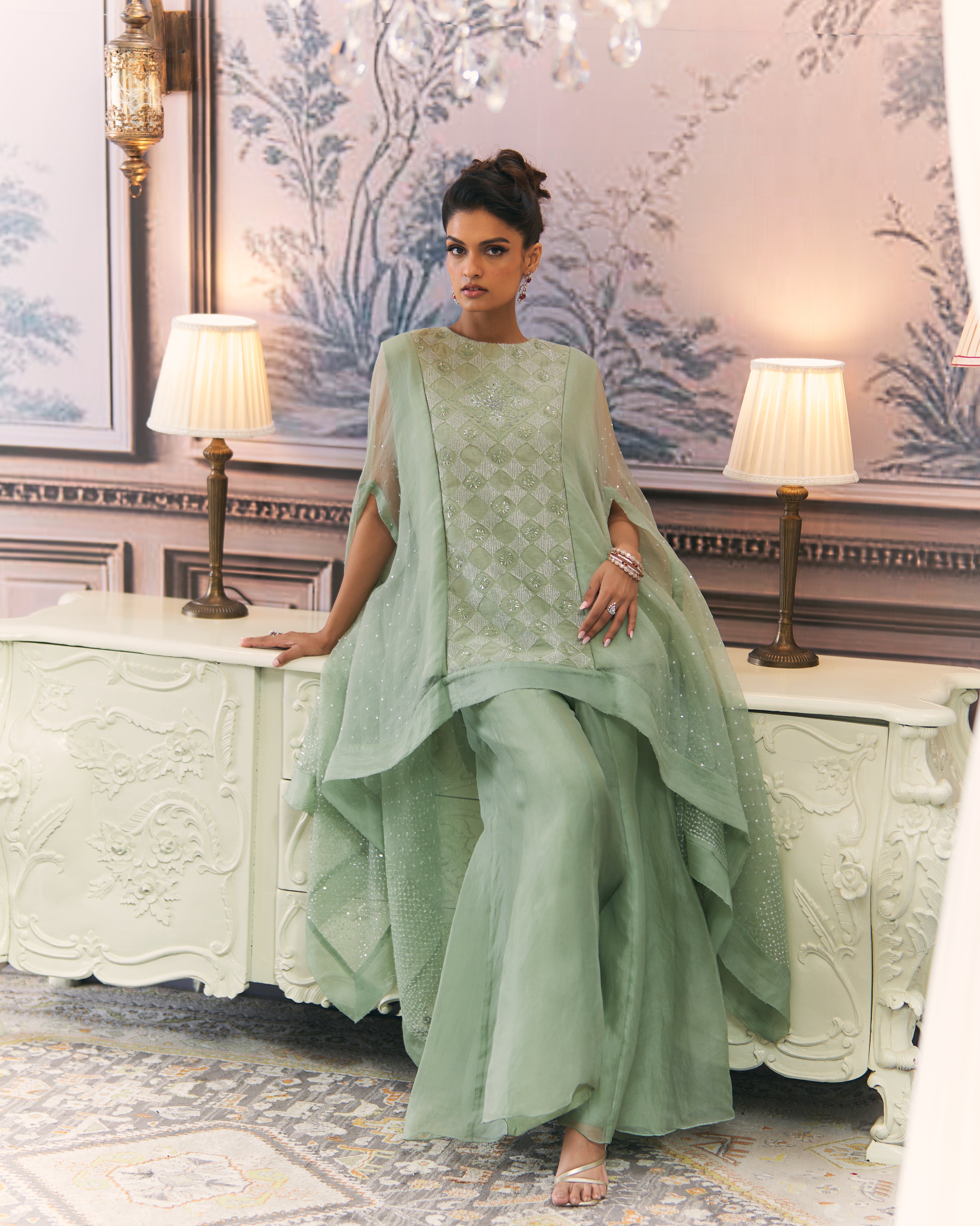 Chikankari Drape Top and Organza Sharara Set