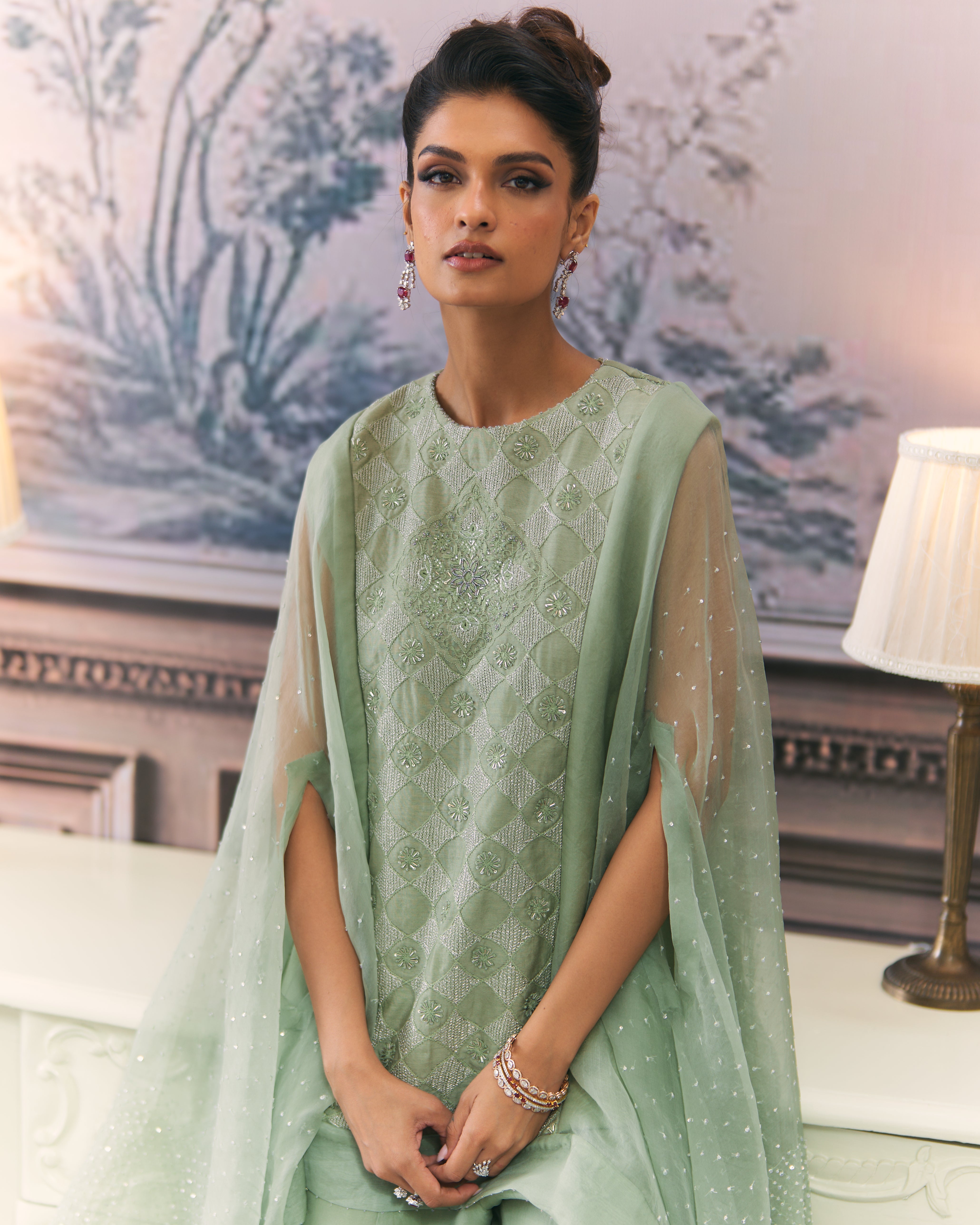 Chikankari Drape Top and Organza Sharara Set