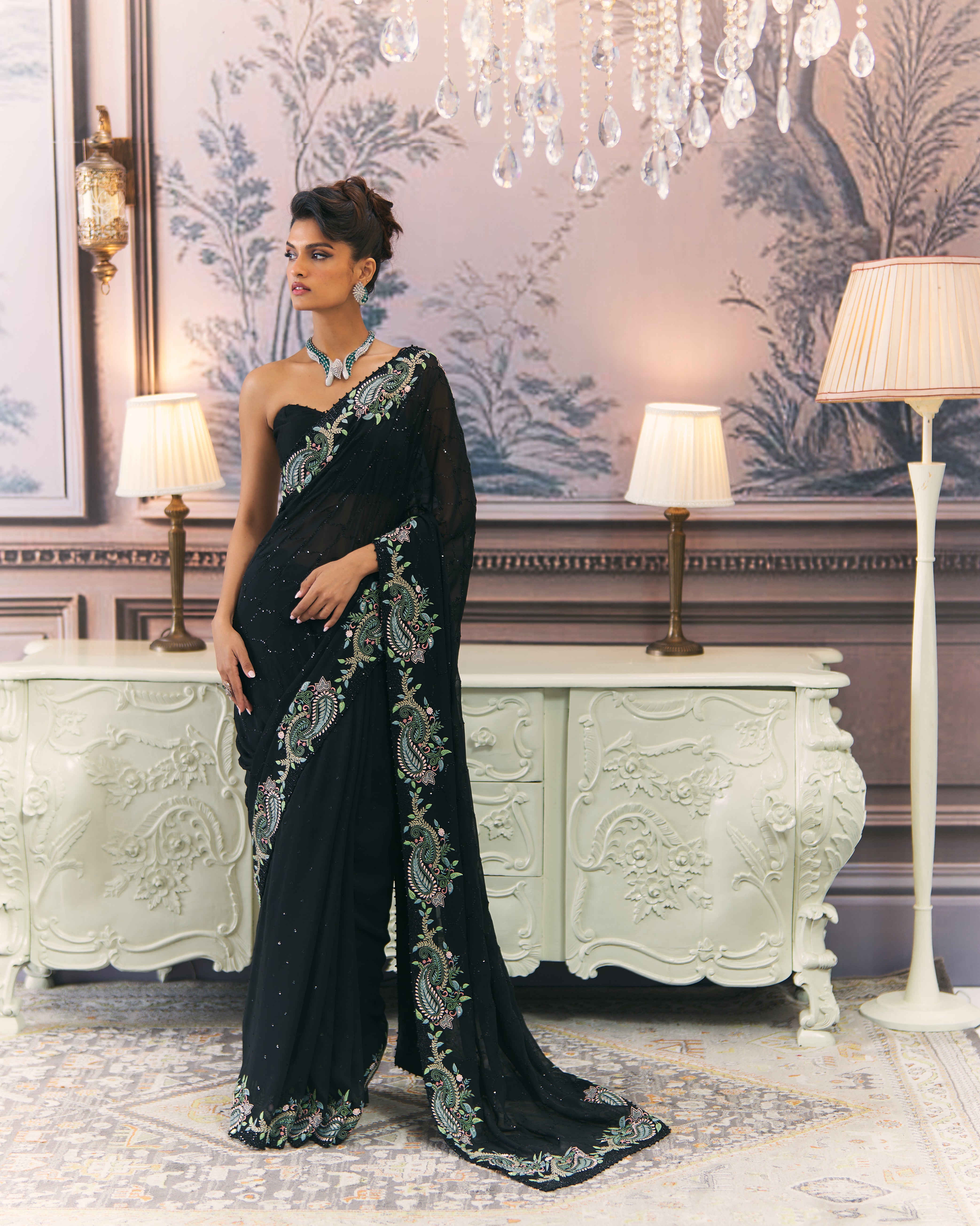Black Georgette Multicolour Chikankari Saree