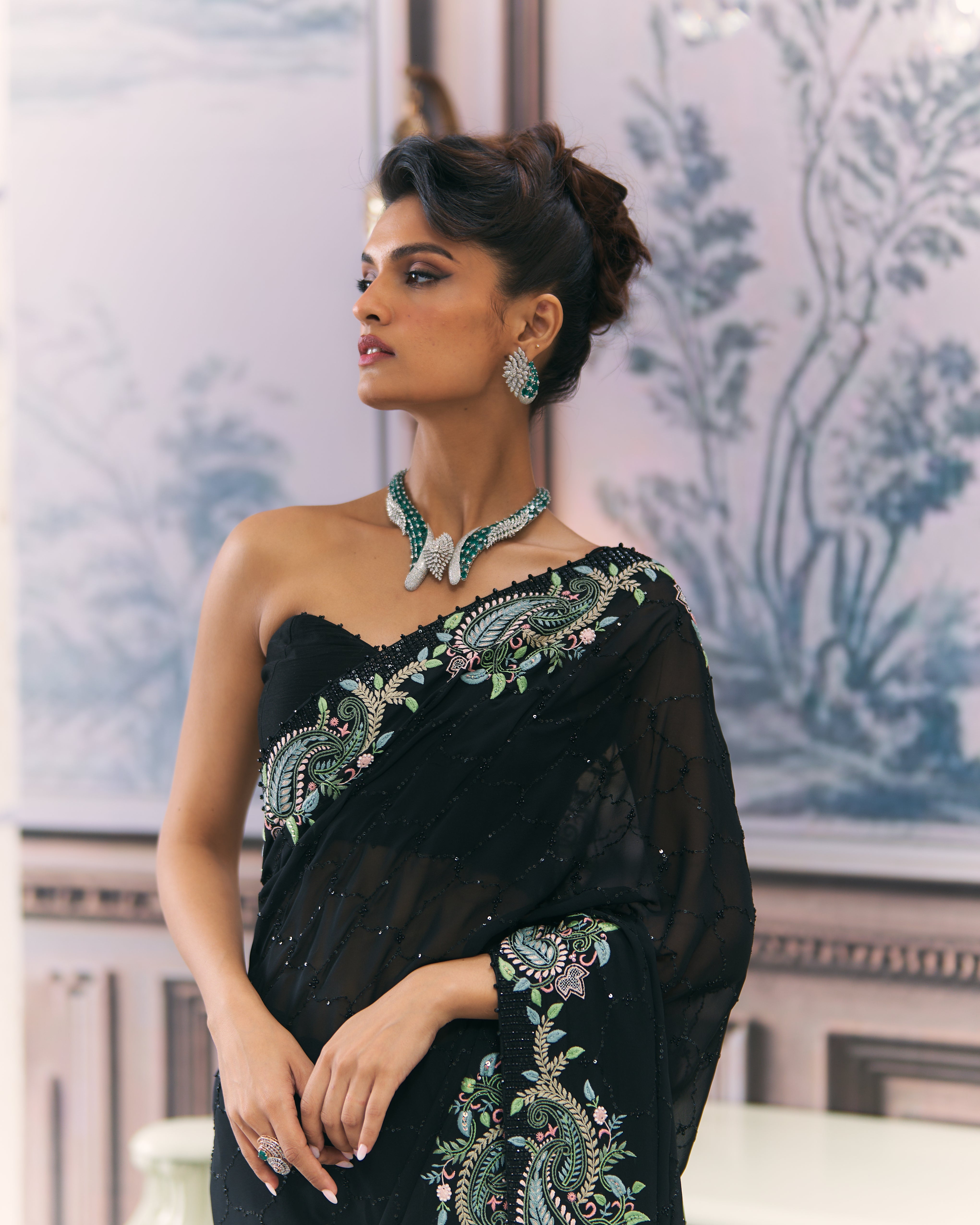 Black Georgette Multicolour Chikankari Saree