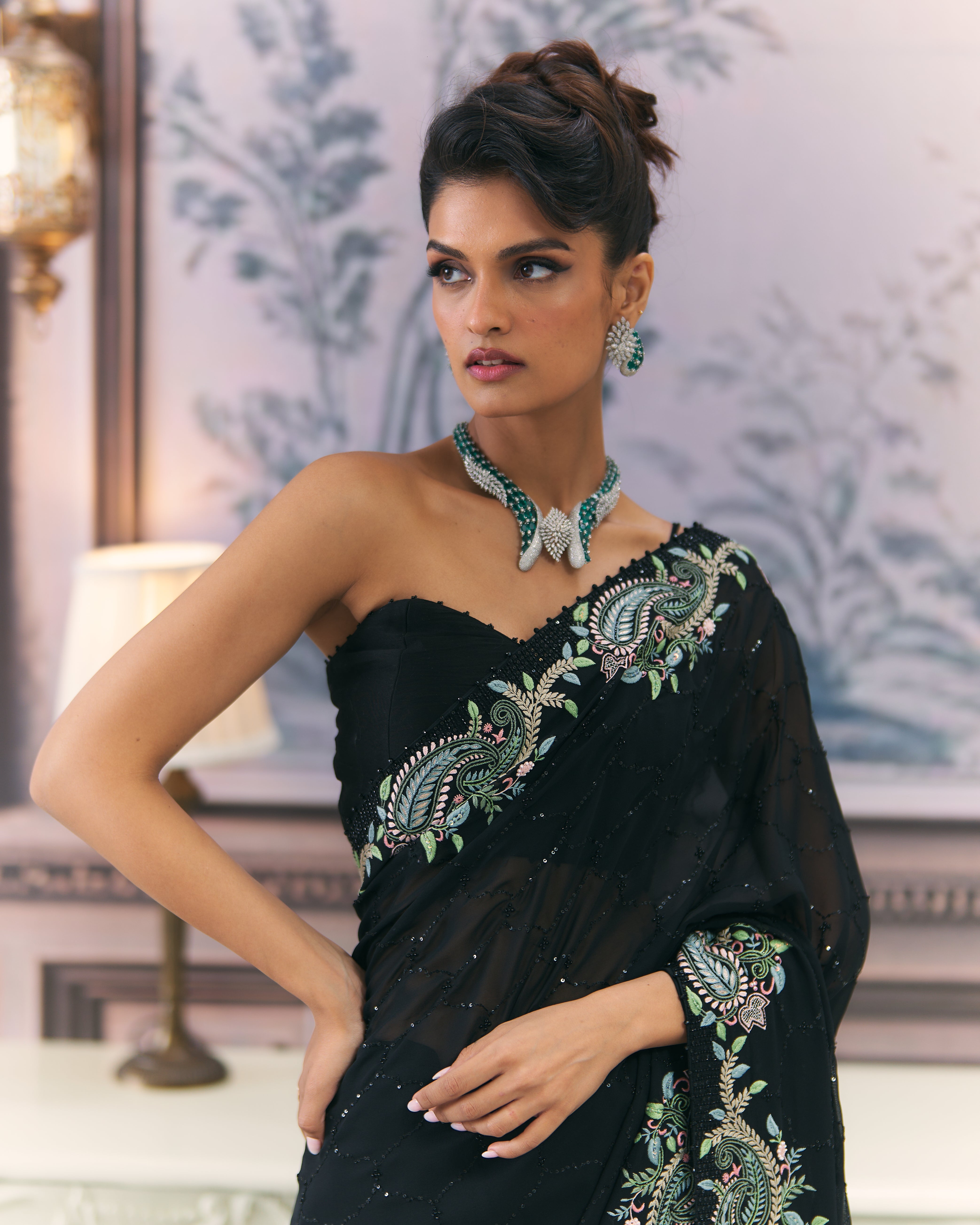 Black Georgette Multicolour Chikankari Saree