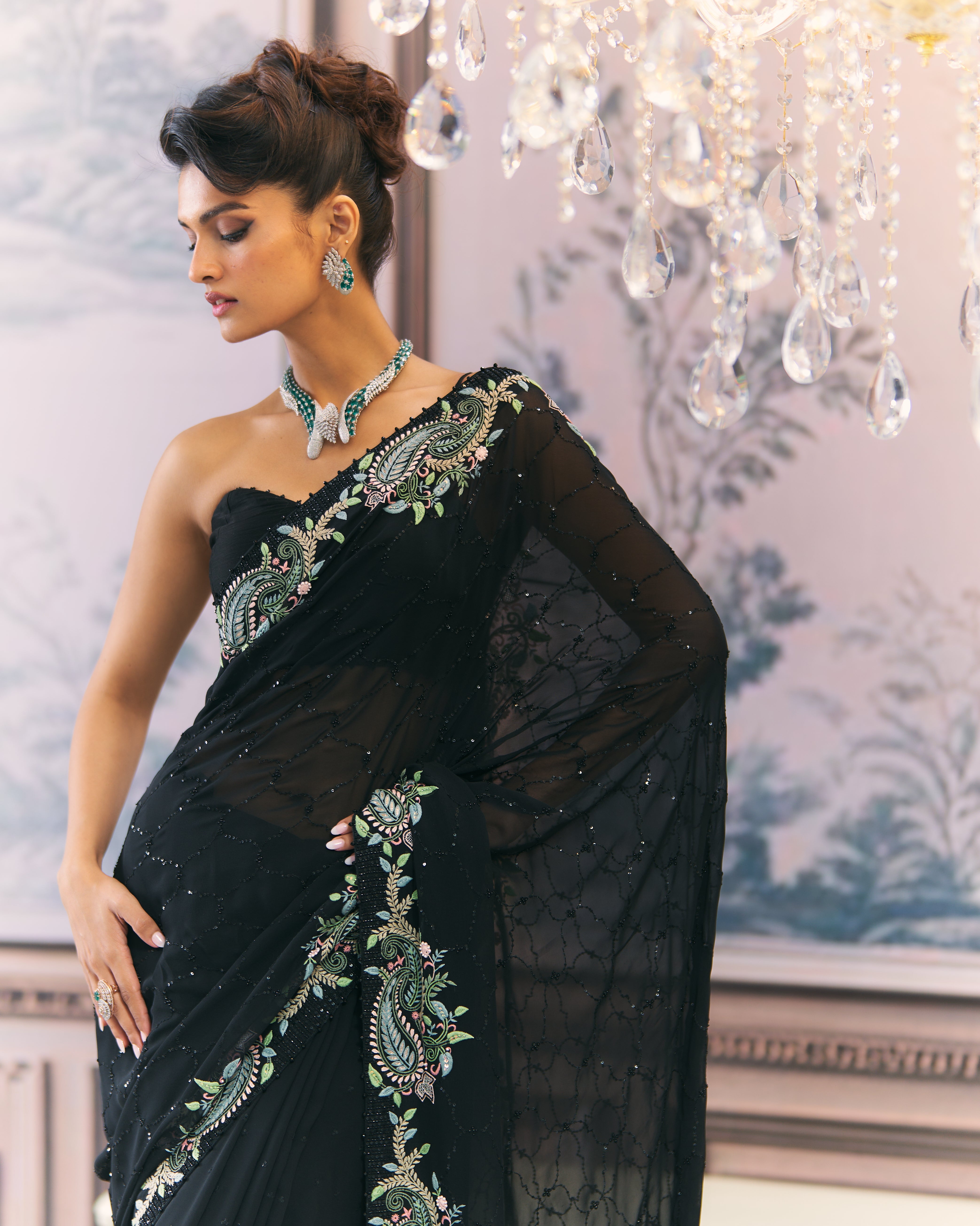 Black Georgette Multicolour Chikankari Saree