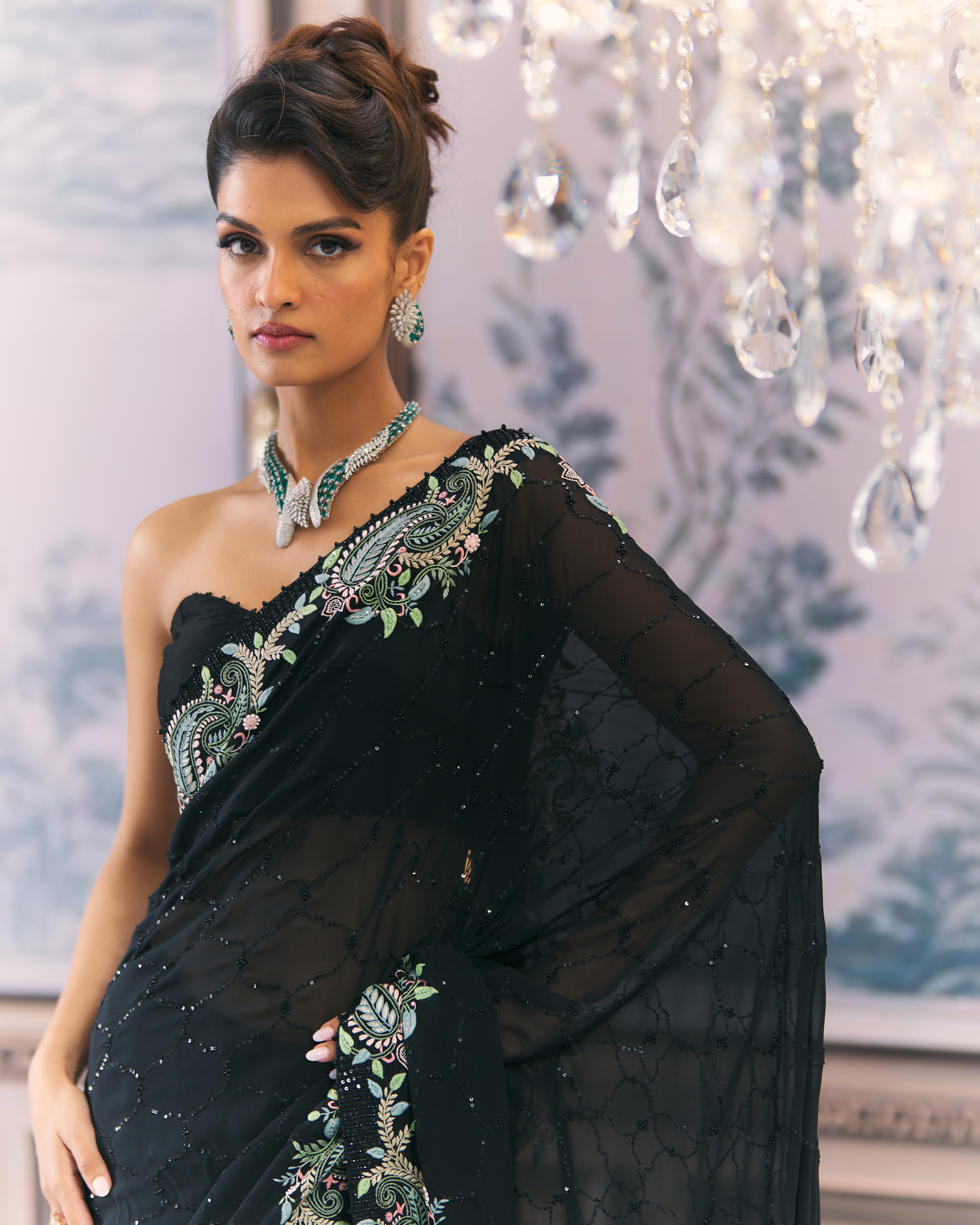 Black Georgette Multicolour Chikankari Saree