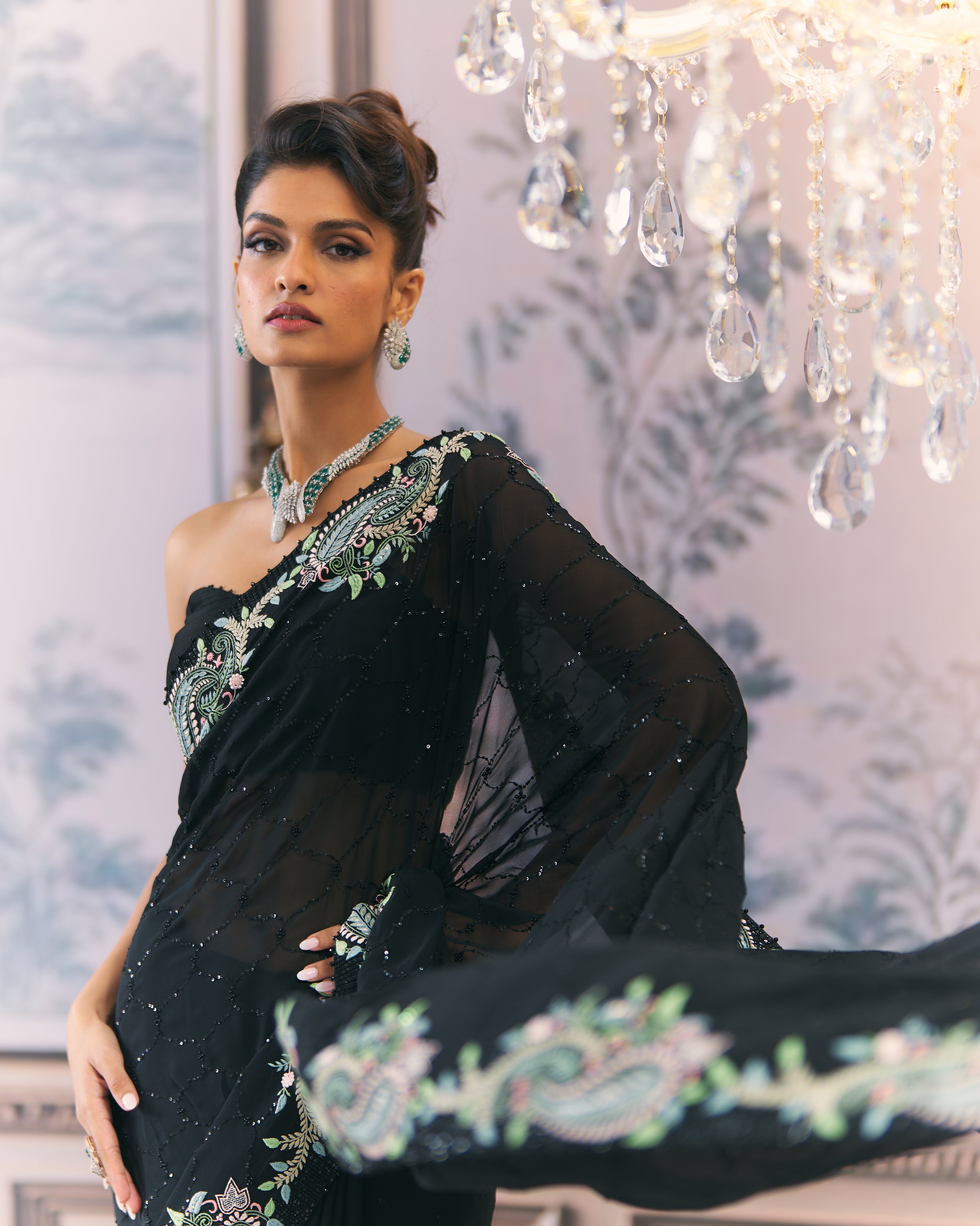 Black Georgette Multicolour Chikankari Saree
