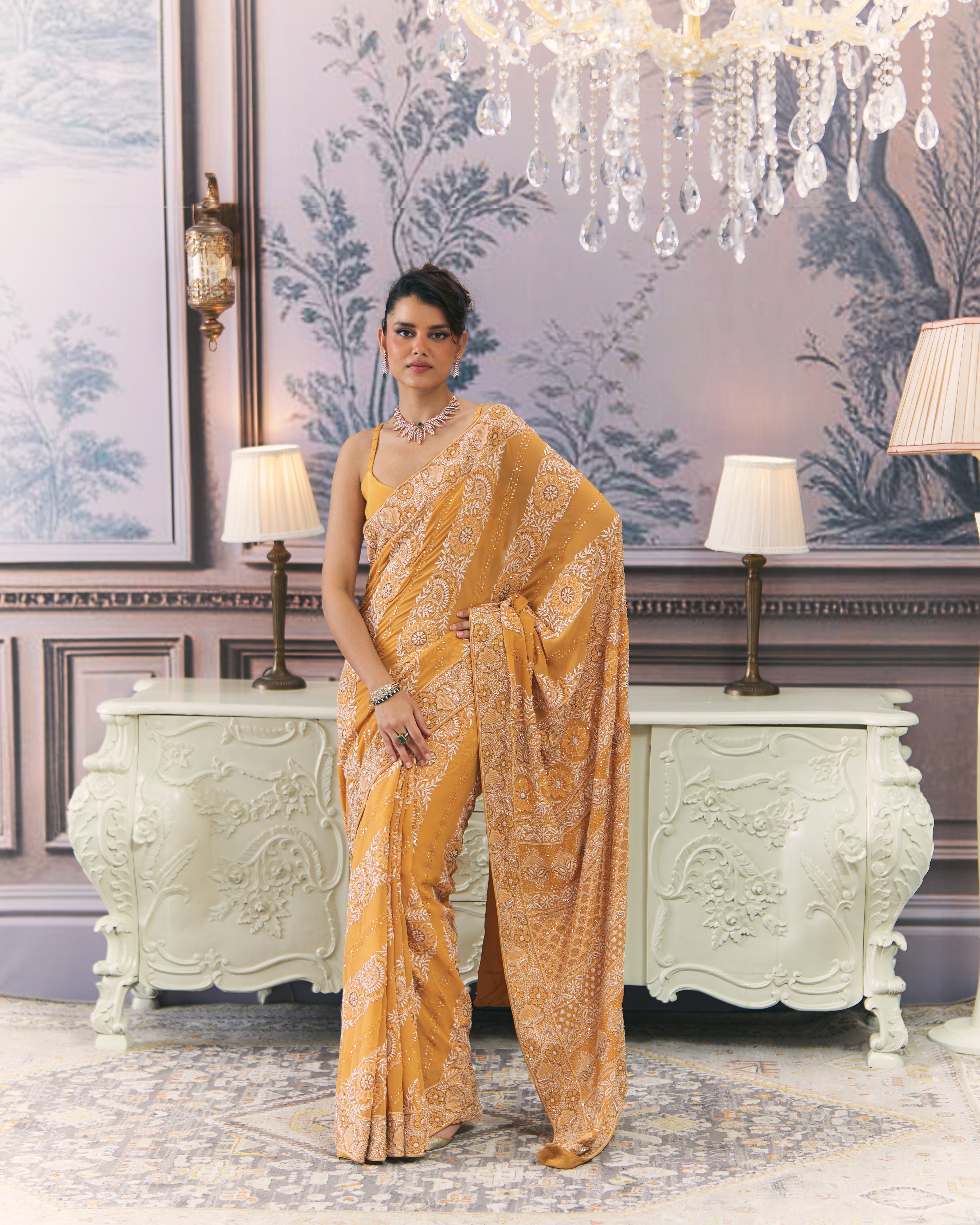 Amber Chikankari Leheriya Saree