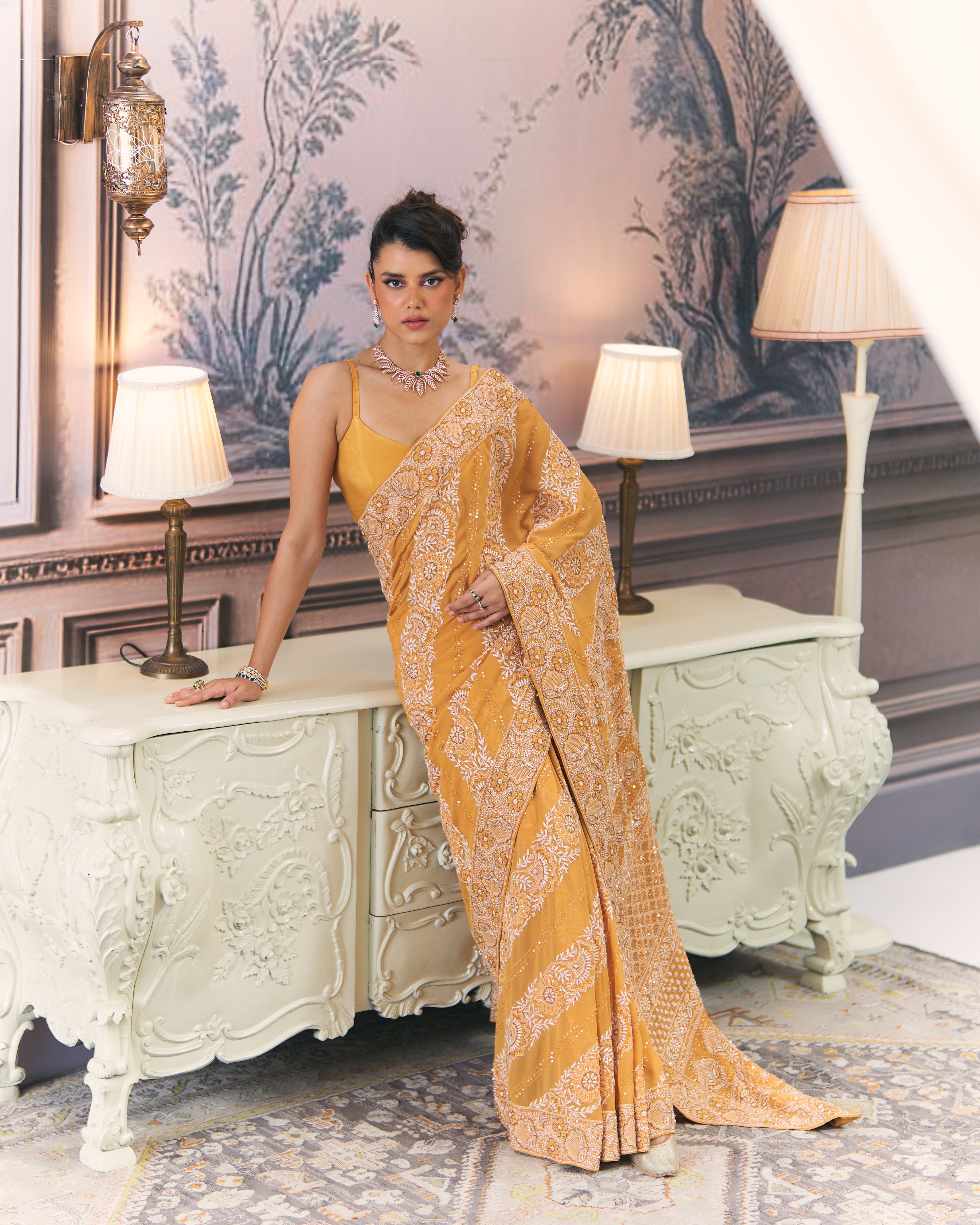 Amber Chikankari Leheriya Saree