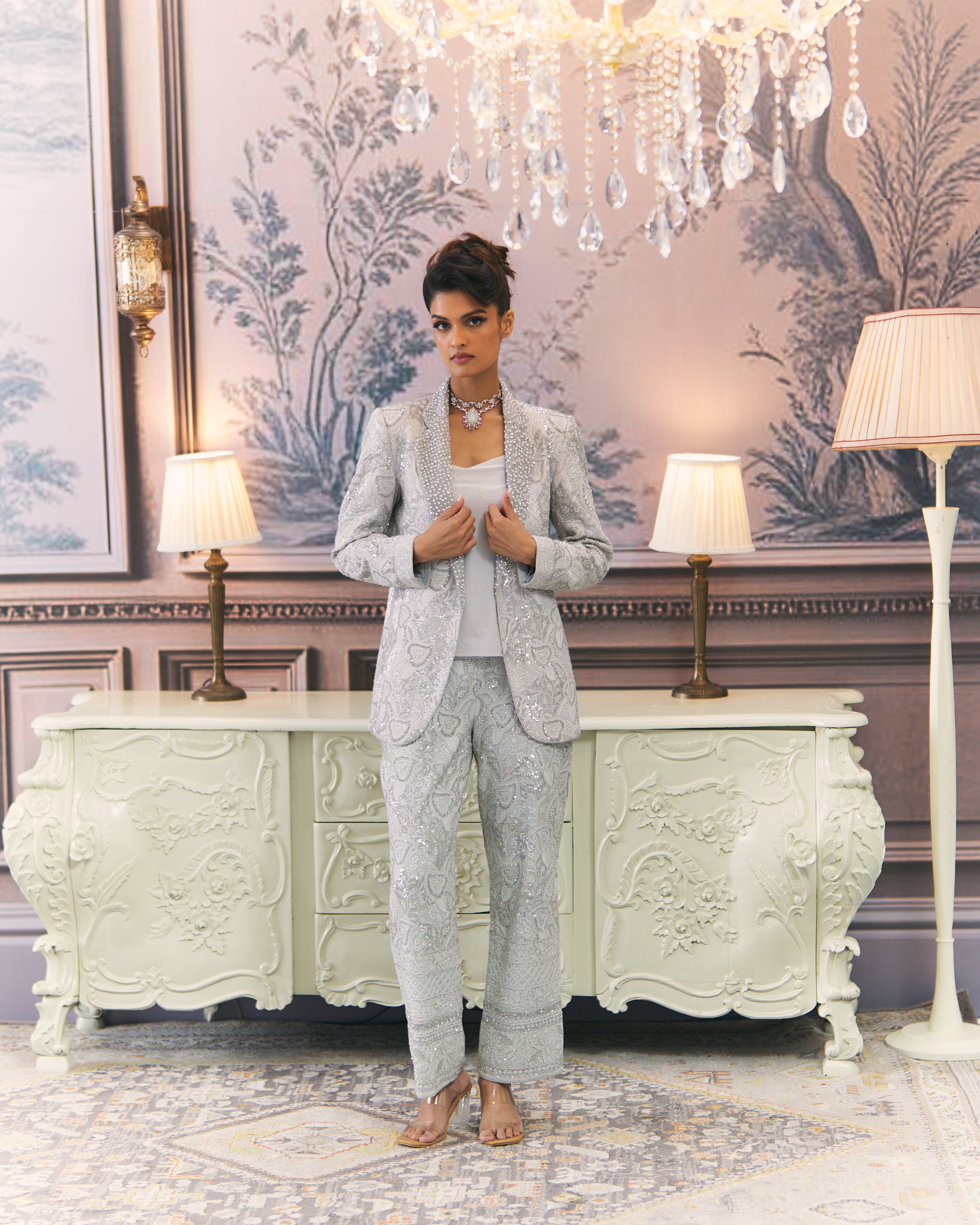 Silver Chikankari Pant Suit Blazer Set