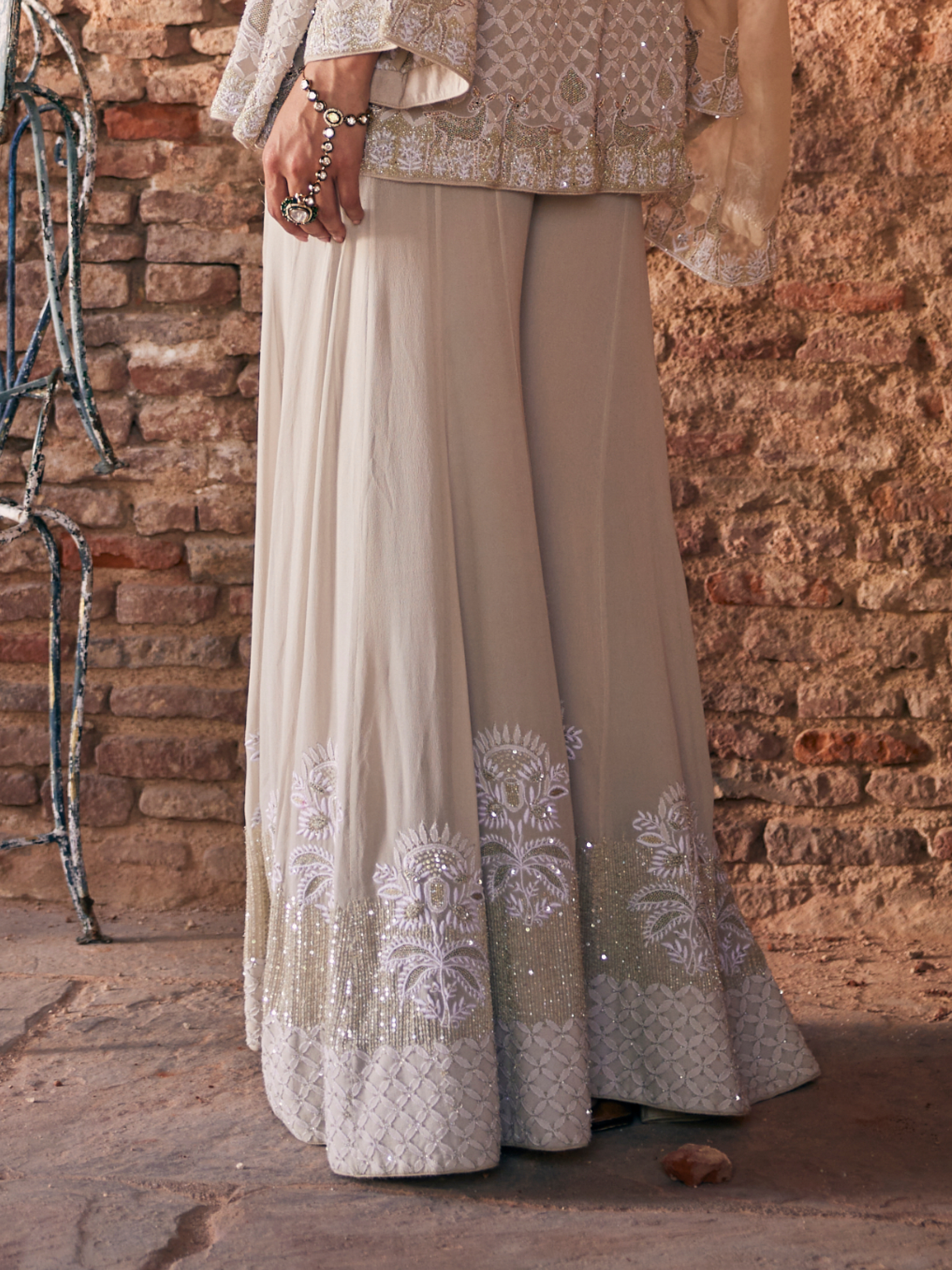 Eira Sharara Set - Sage Green Georgette Chikankari Deer Sharara Set