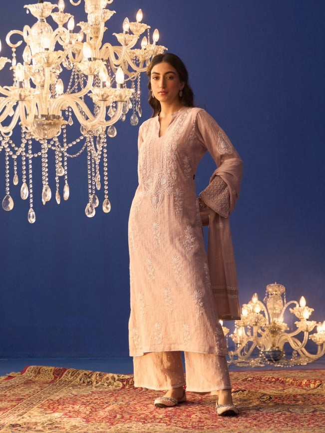 Rose Pink Tissue Chikankari Straight Kurta Set