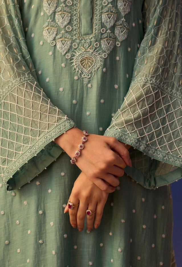 Sea Green Mul Chanderi Chikankari Kurta Set with Moroccan sleeves