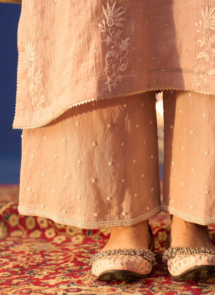 Rose Pink Tissue Chikankari Straight Kurta Set