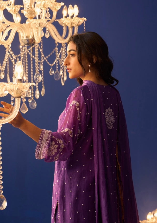 Dark Purple Mul Chanderi Chikankari Straight Kurta Set with pleated pants