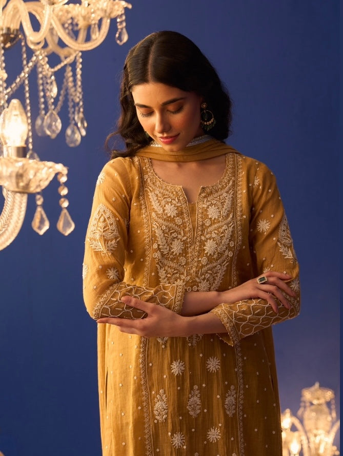 Mustard Yellow Tissue Chikankari Center Panel Kurta Set