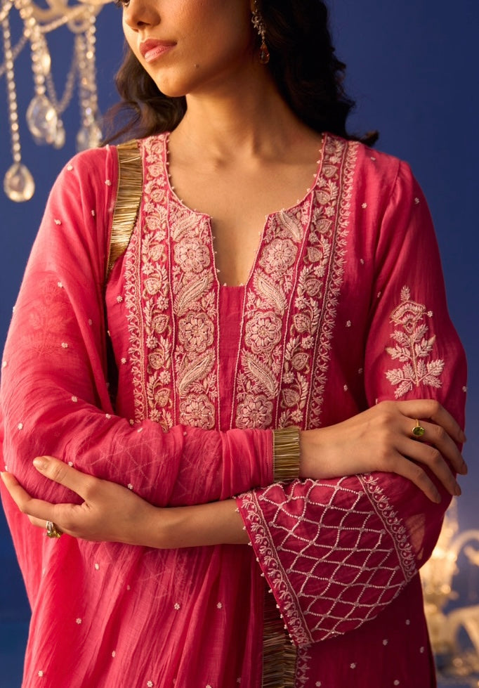 Fuschia Pink Mul Chanderi Chikankari Kurta Set