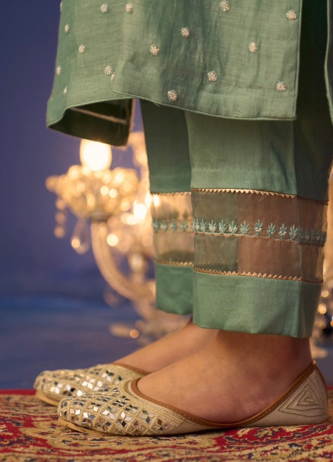 Sea Green Mul Chanderi Chikankari Kurta Set with Moroccan sleeves