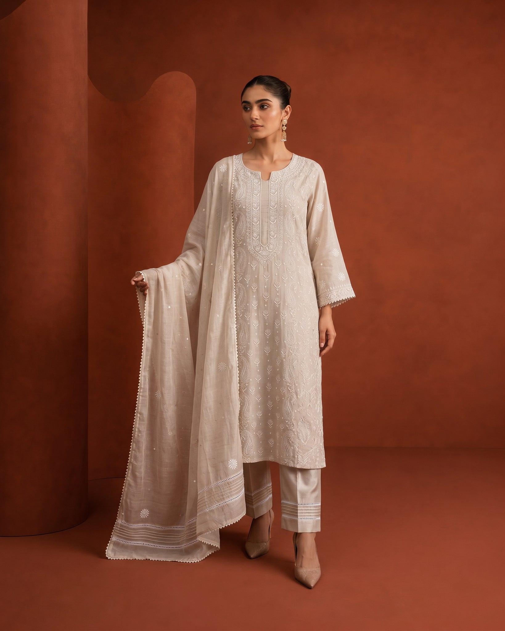 Beige Silver Tissue Full Jaal Kurta Set