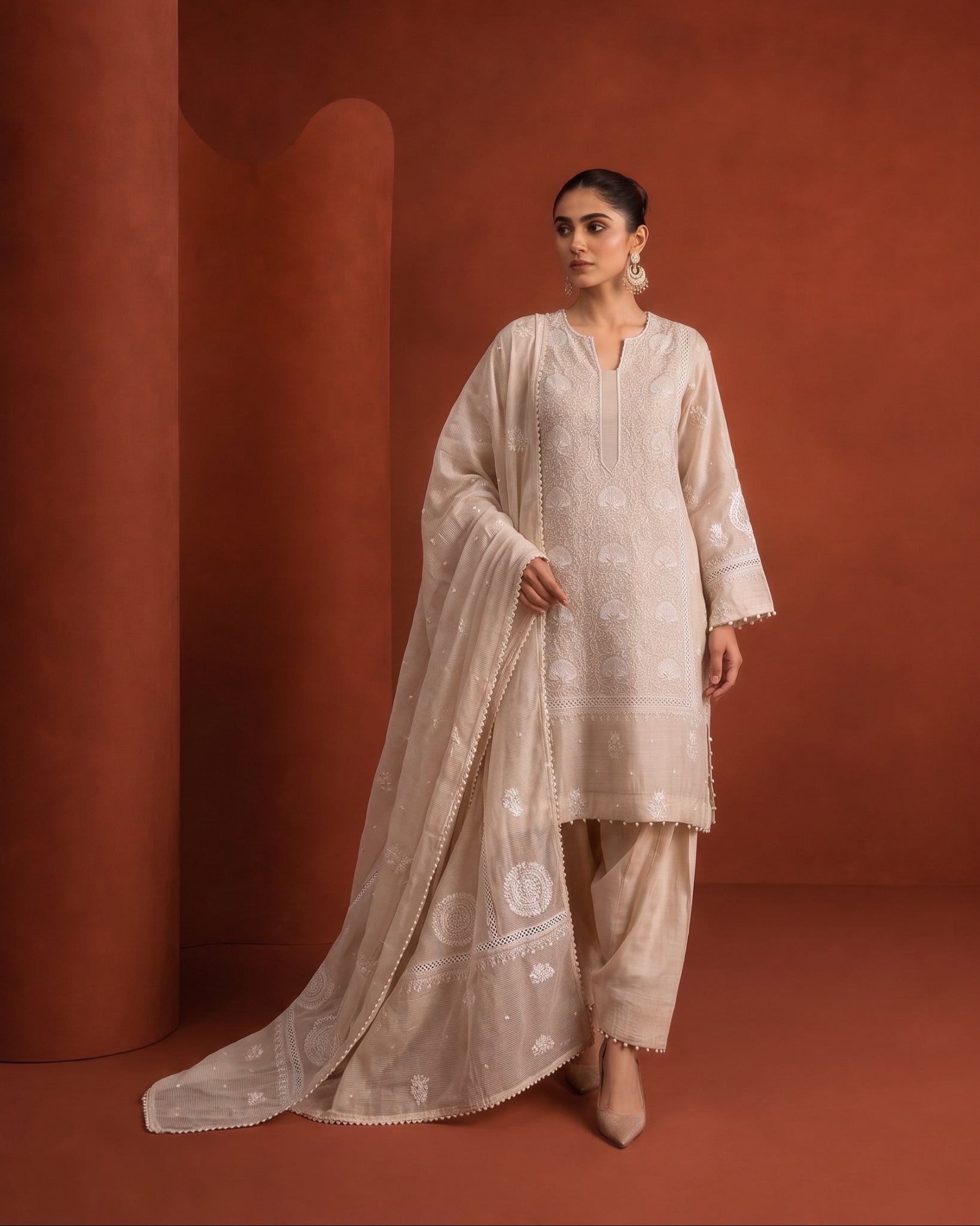Beige Striped Tissue Kurta Set with Farsi Salwar
