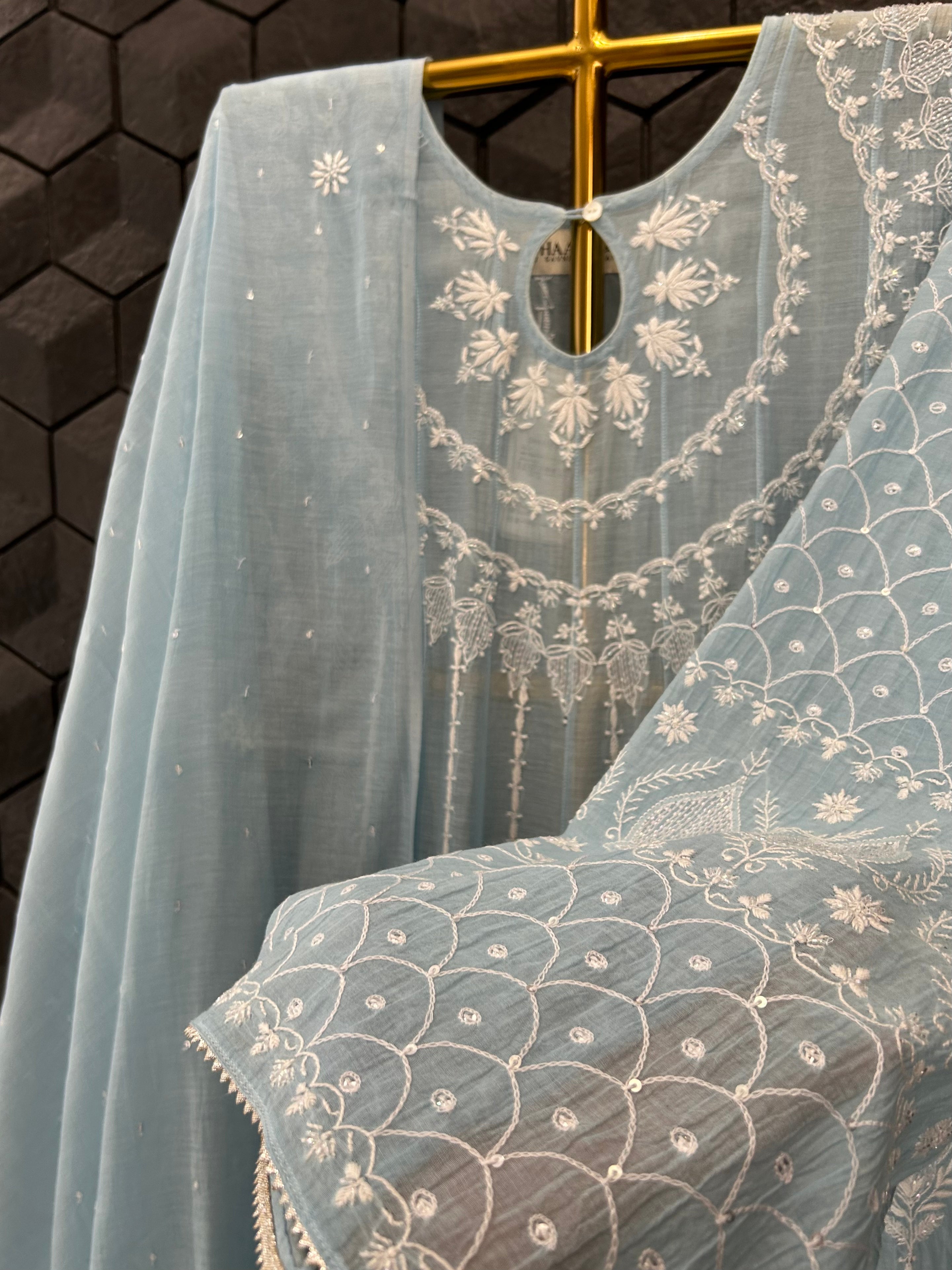 Sky Blue Mul Chanderi Chikankari Anarkali Set