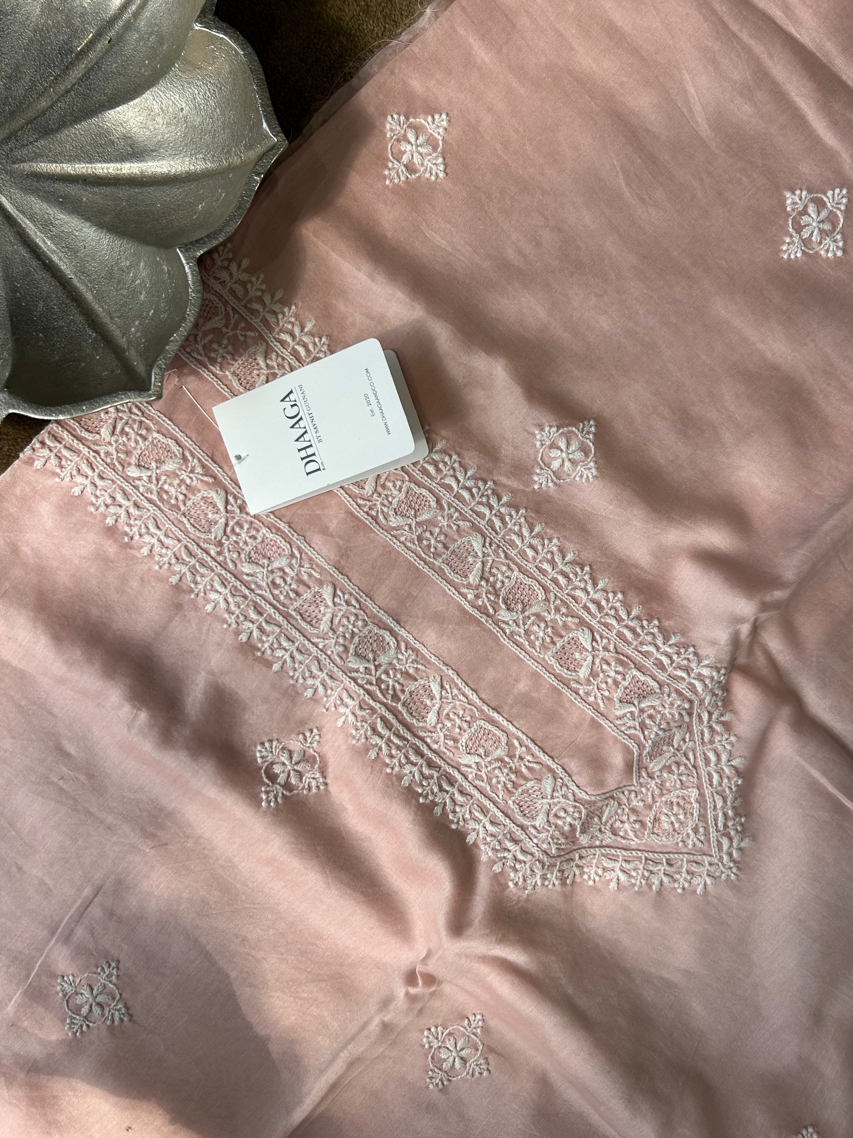 Pink Chanderi Chikankari Mens Kurta