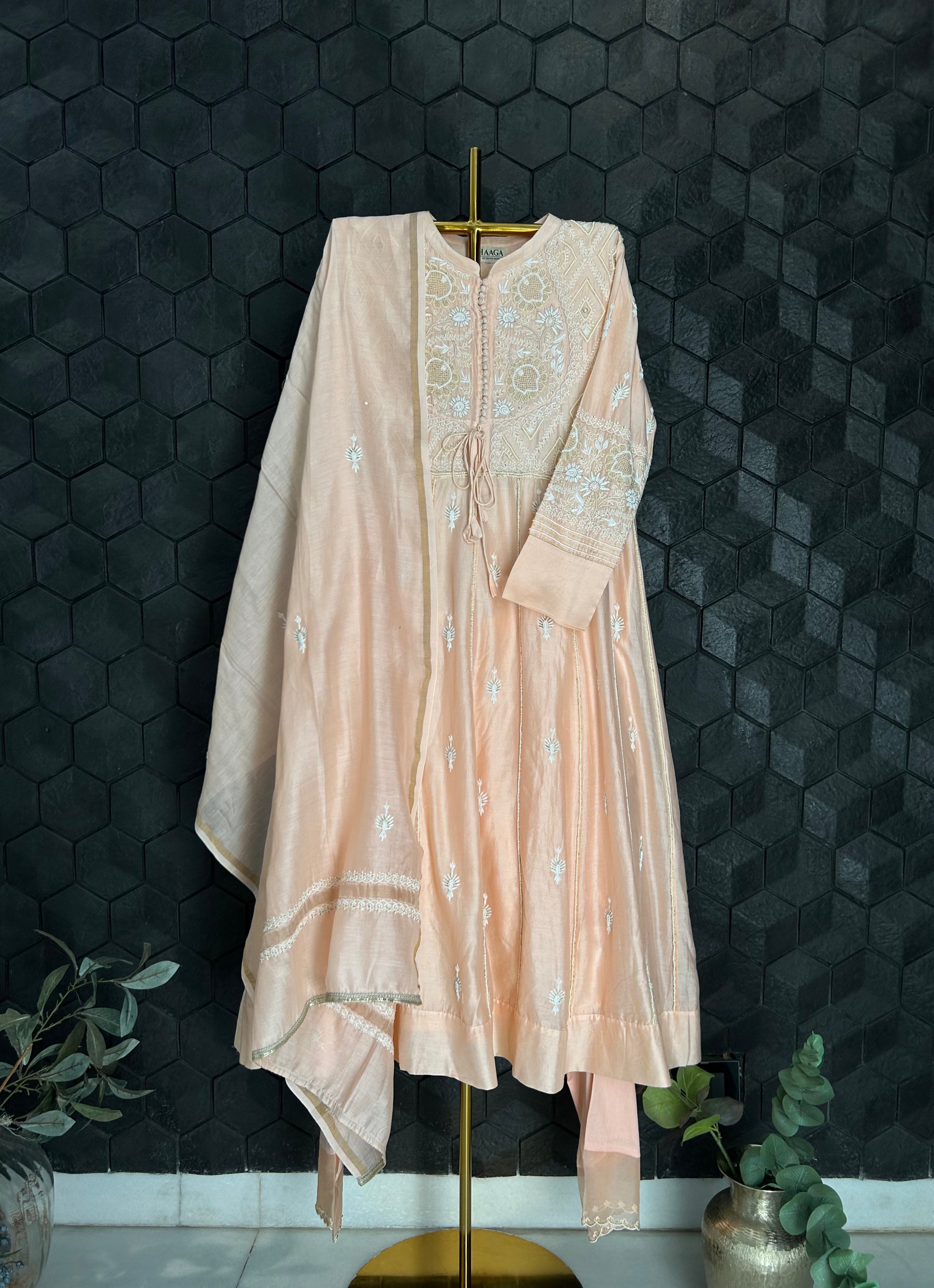 Peach Chanderi Anarkali Set with Cutdana Embellishments