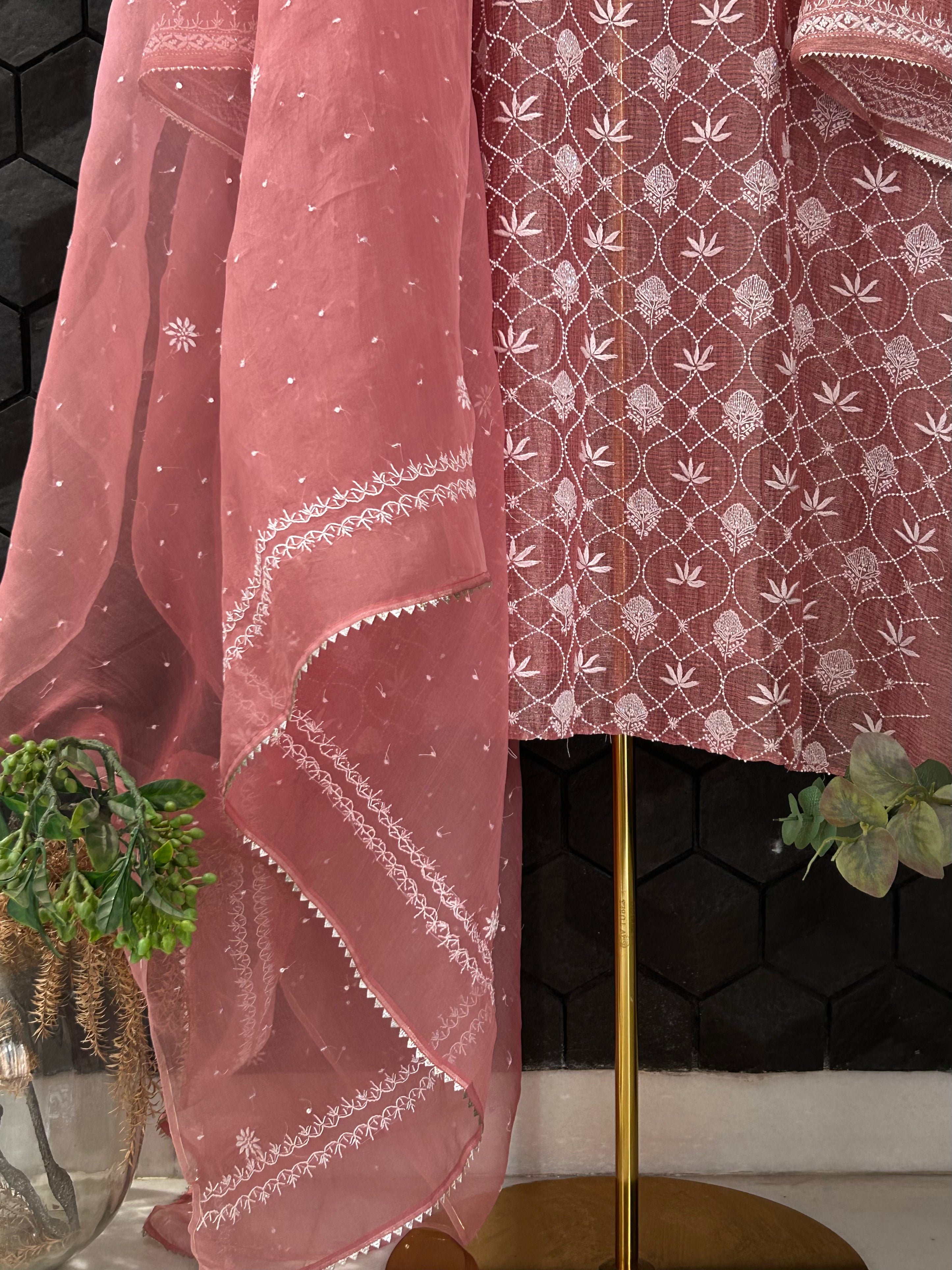 Pink Silver Tissue Kota Chikankari Kurta Set