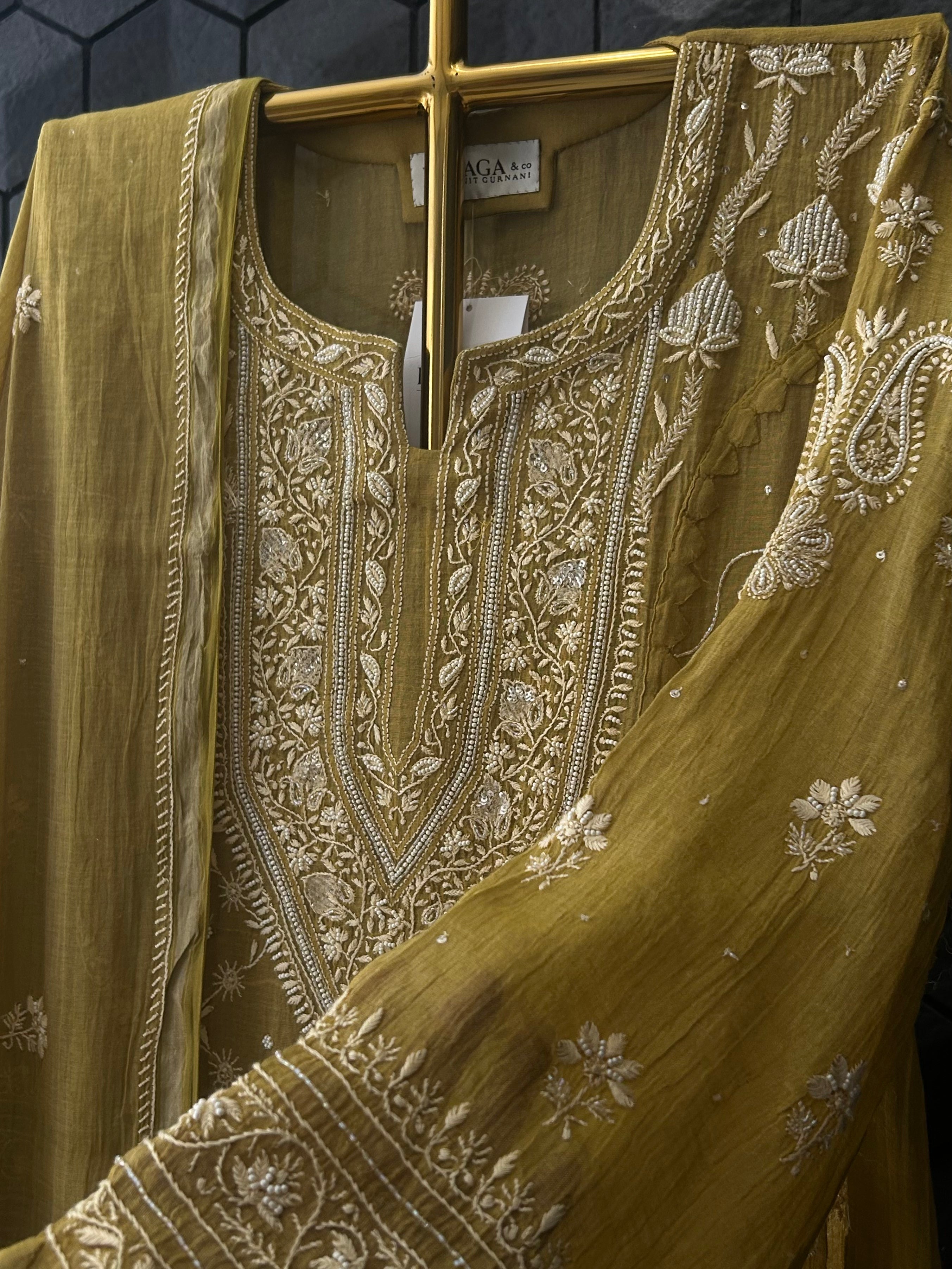 Olive Green Silver Tissue Chikankari Kurta Set