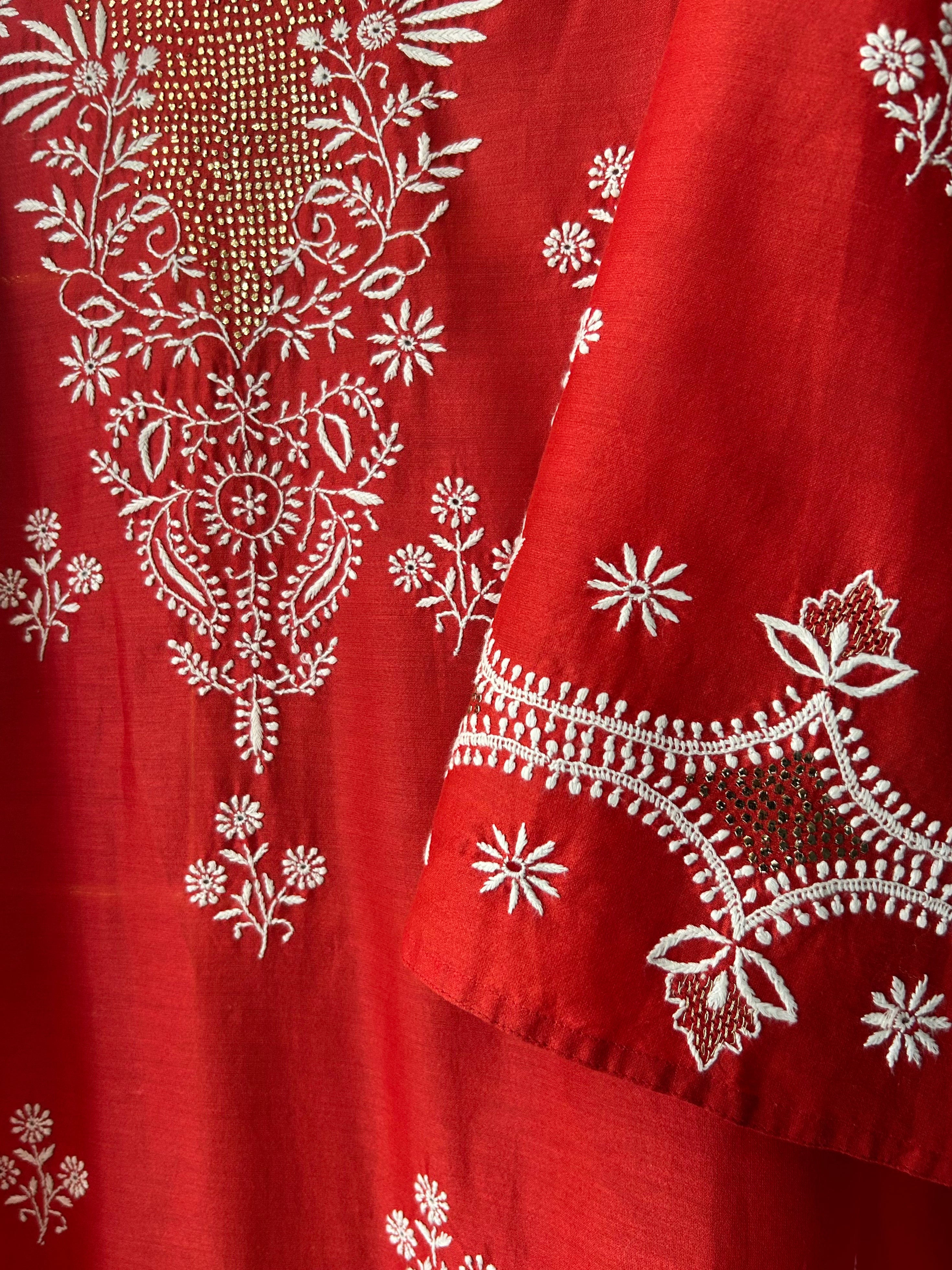 Red Chanderi Chikankari Anarkali Set