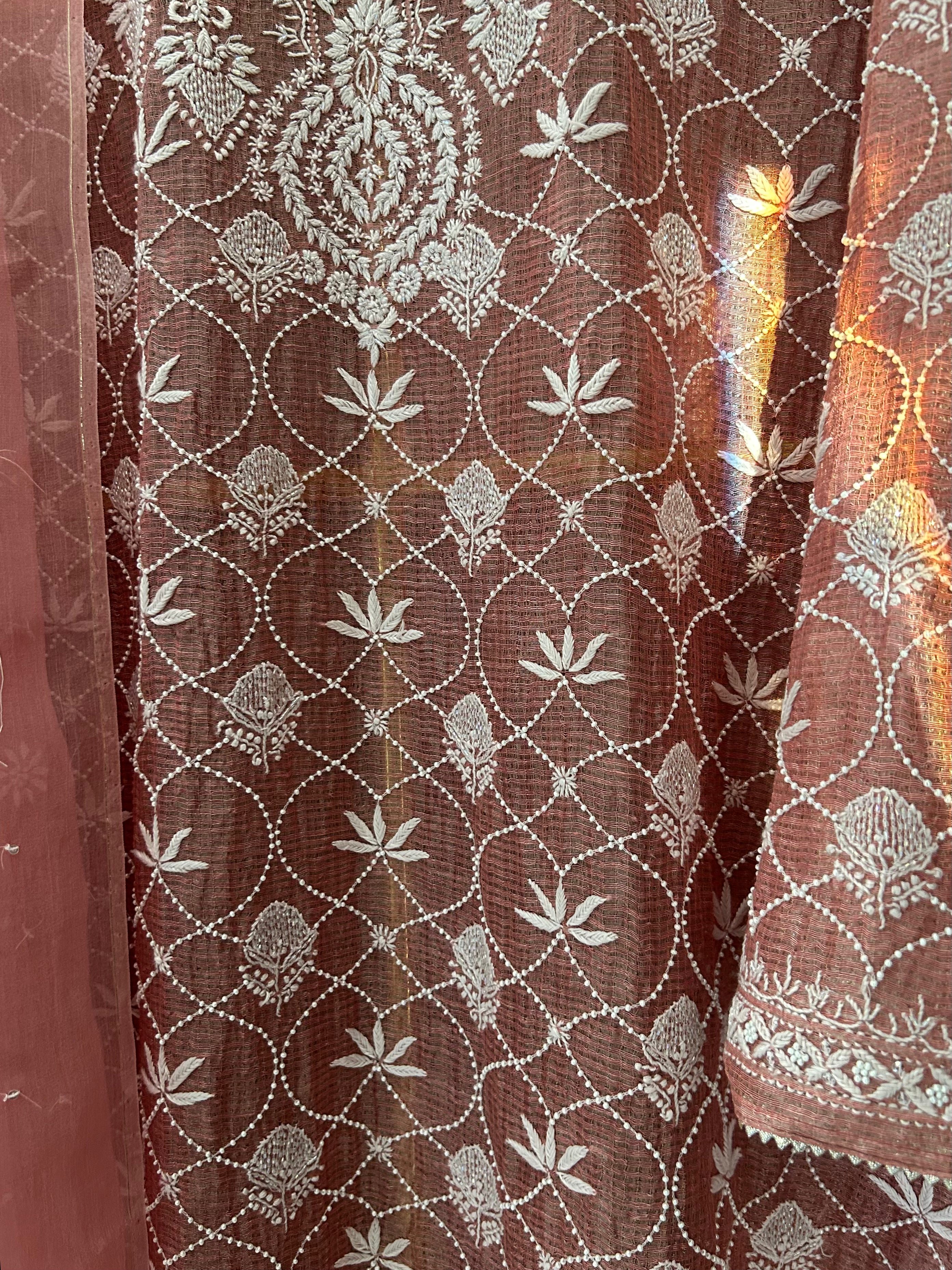 Pink Silver Tissue Kota Chikankari Kurta Set