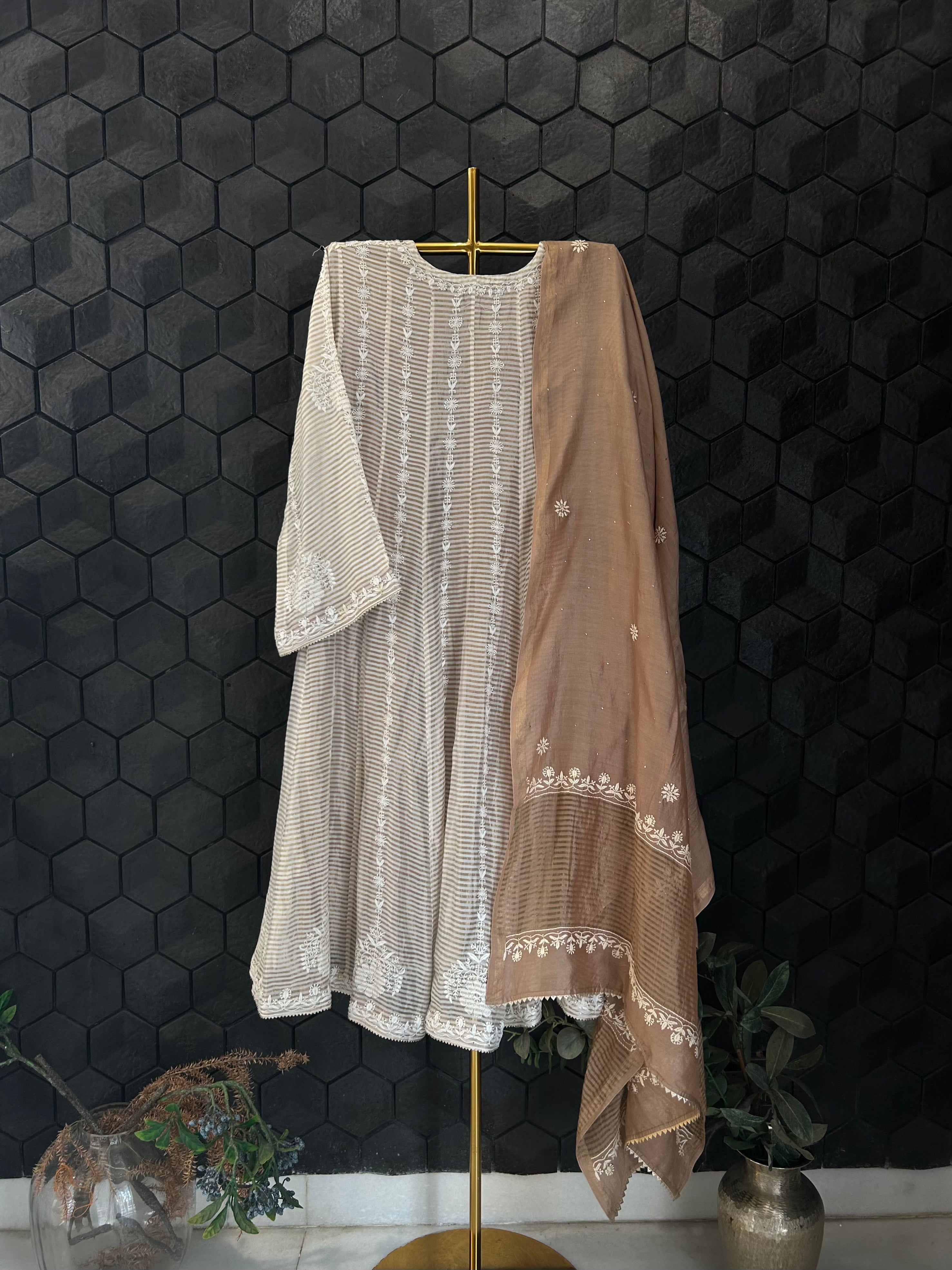 Beige Striped Tissue Chikankari Anarkali Set