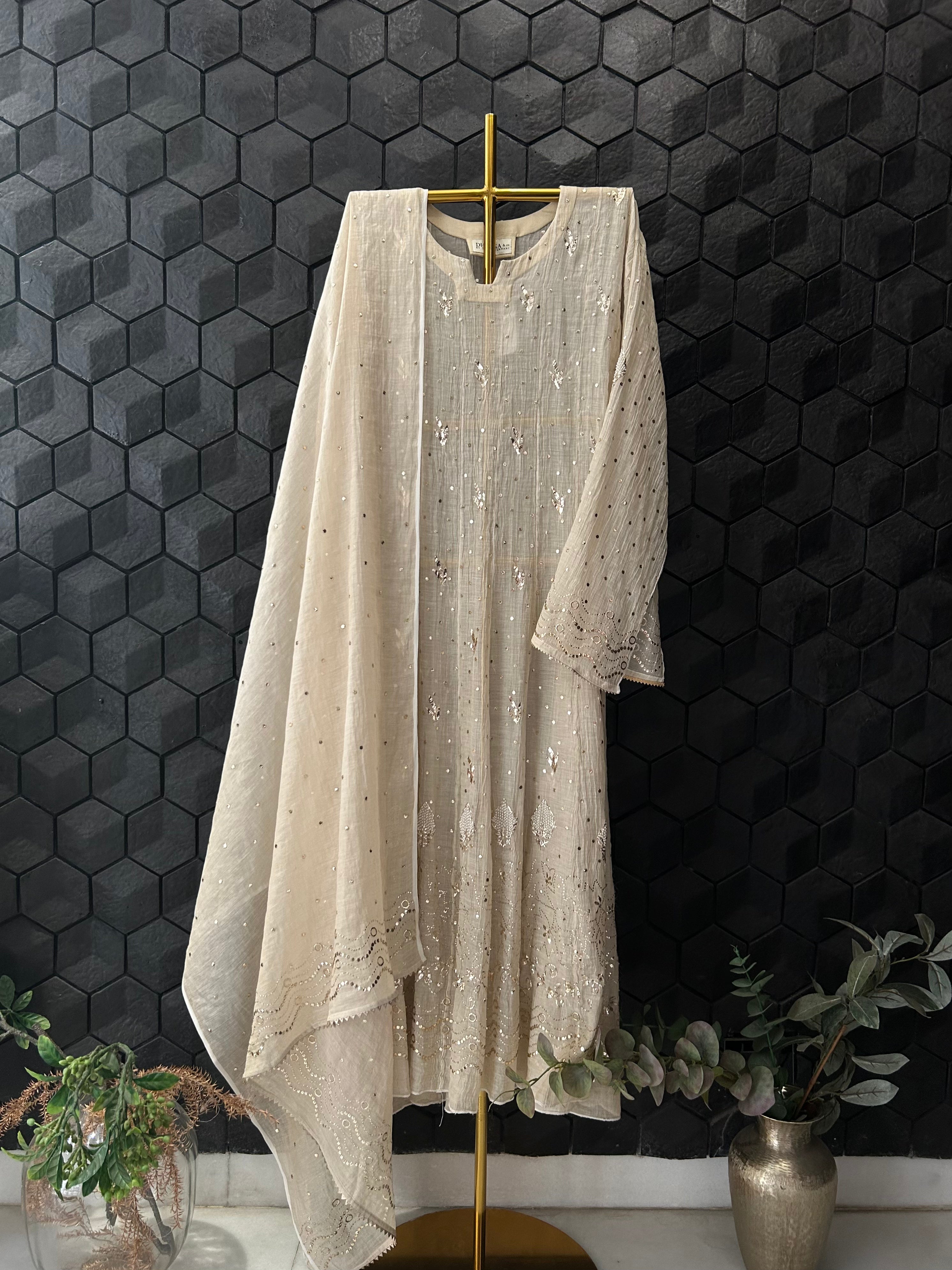 Natural Tussar Silk Chikankari Mukaish Anarkali Set