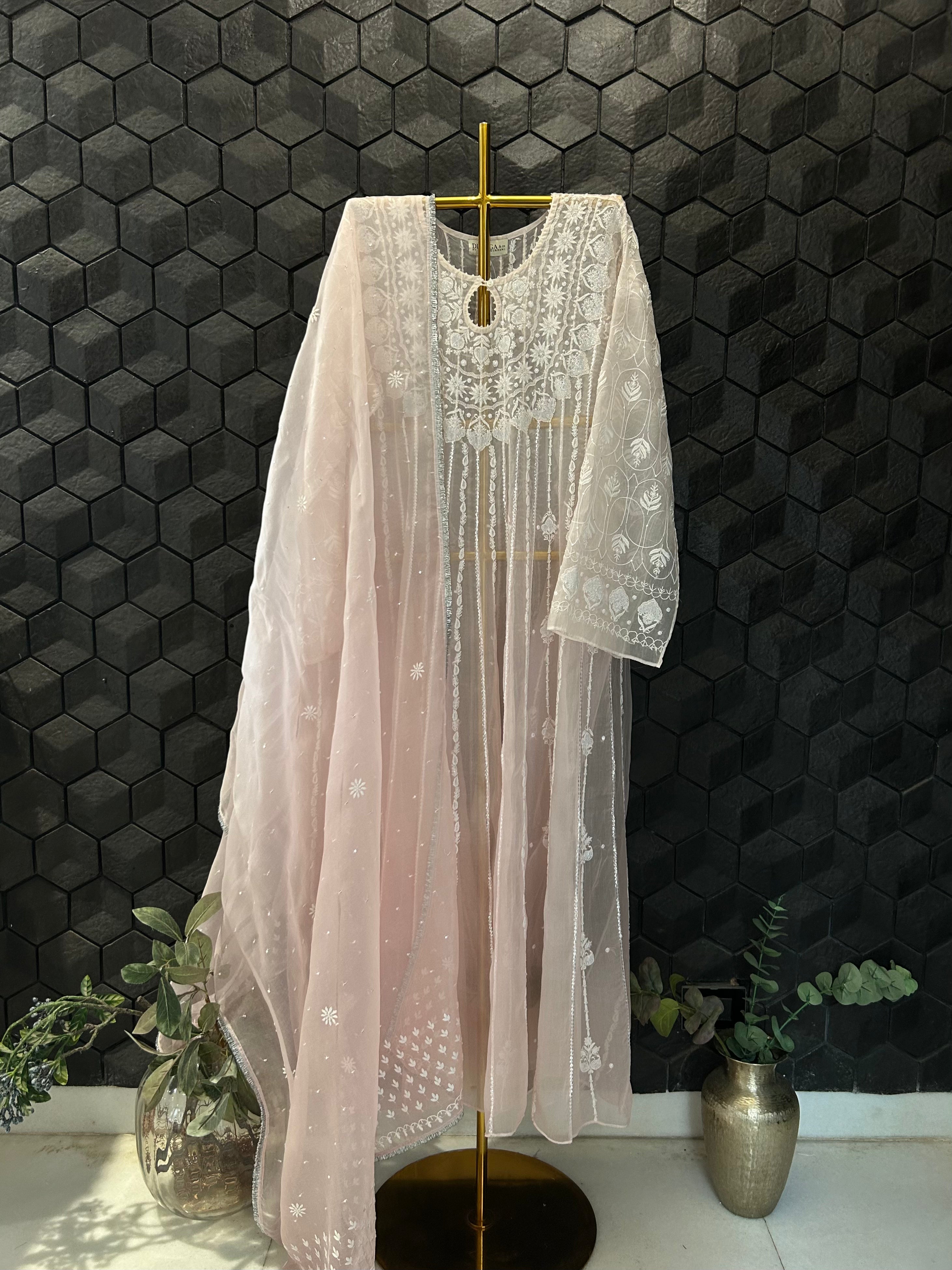 Pink Organza Chikankari Anarkali Set
