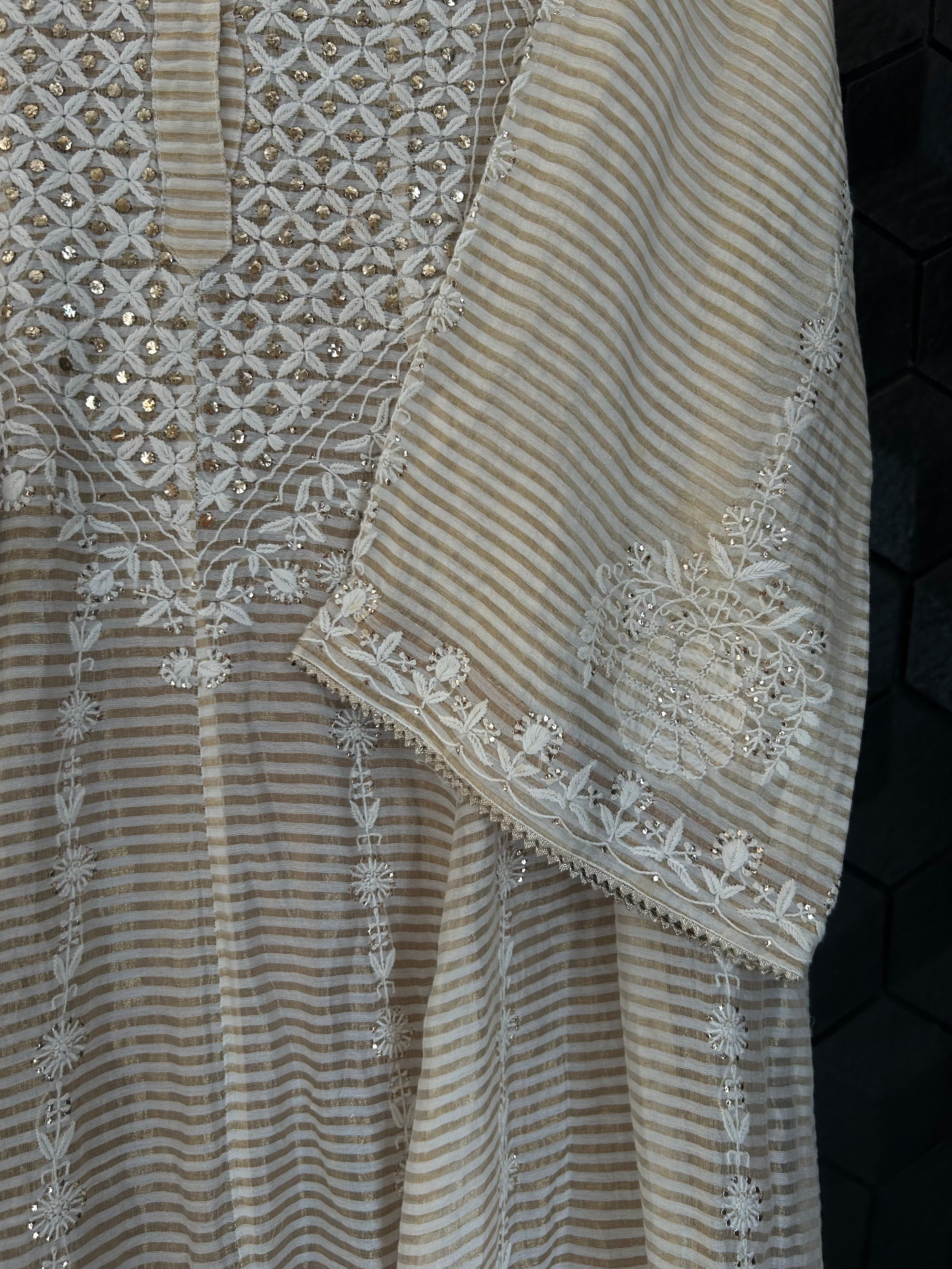Beige Striped Tissue Chikankari Anarkali Set