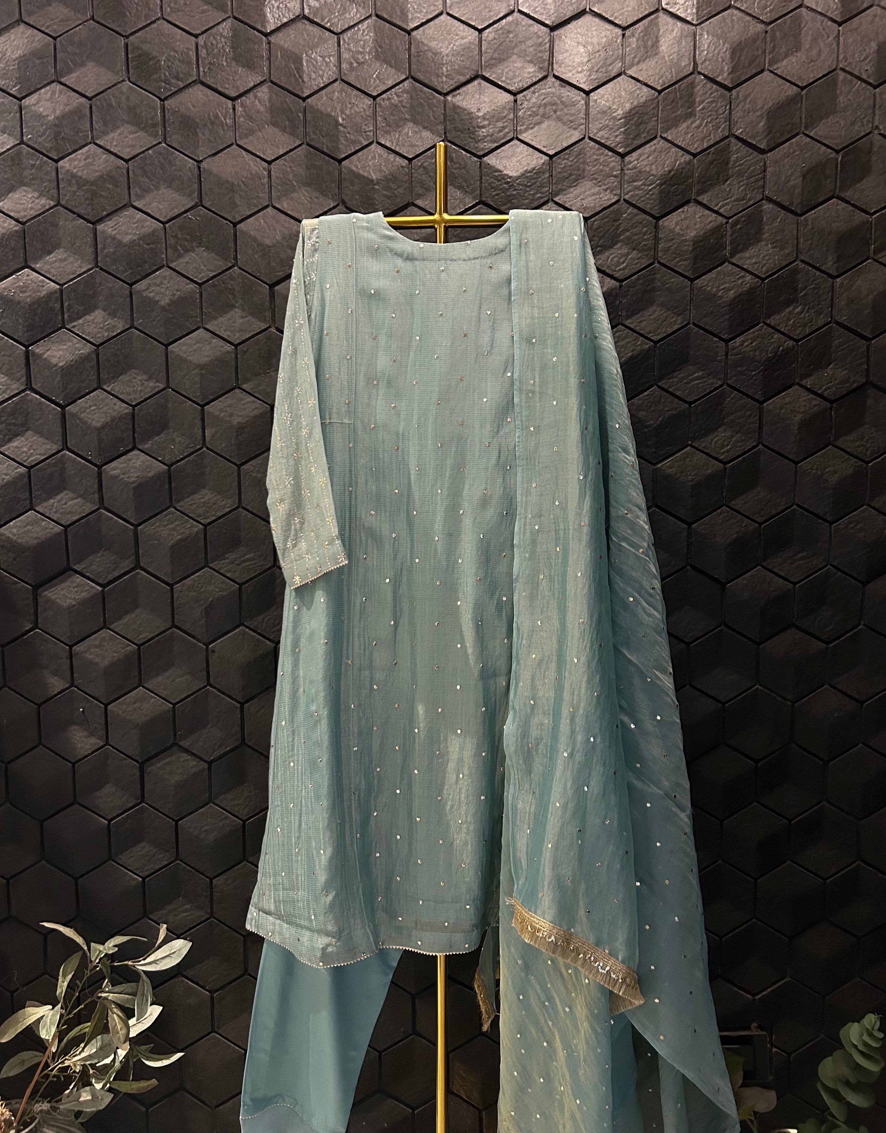 Green Golden Tissue Mukaish Suit Set