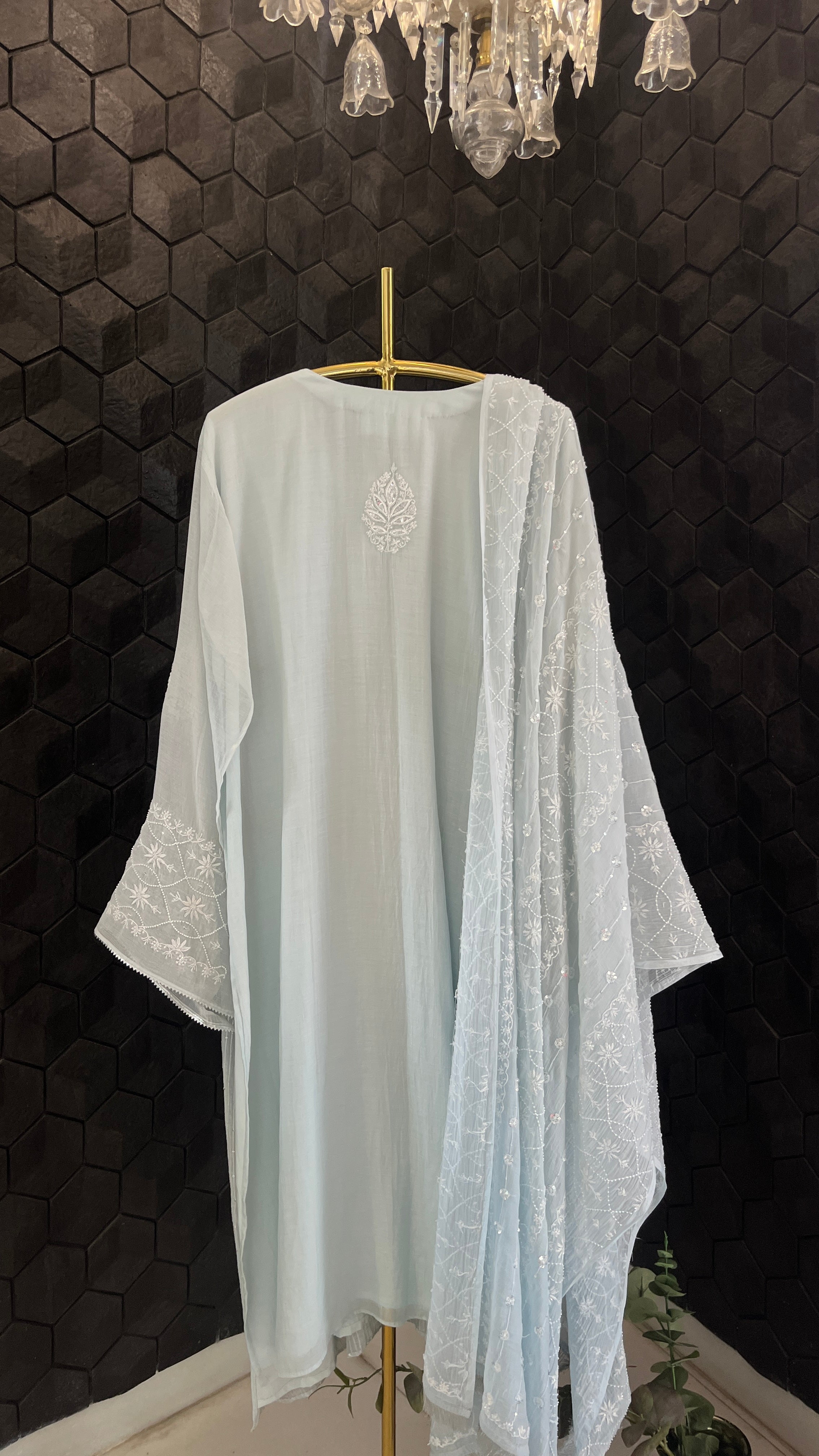 Blue Mul Chanderi Chikankari Kurta Set