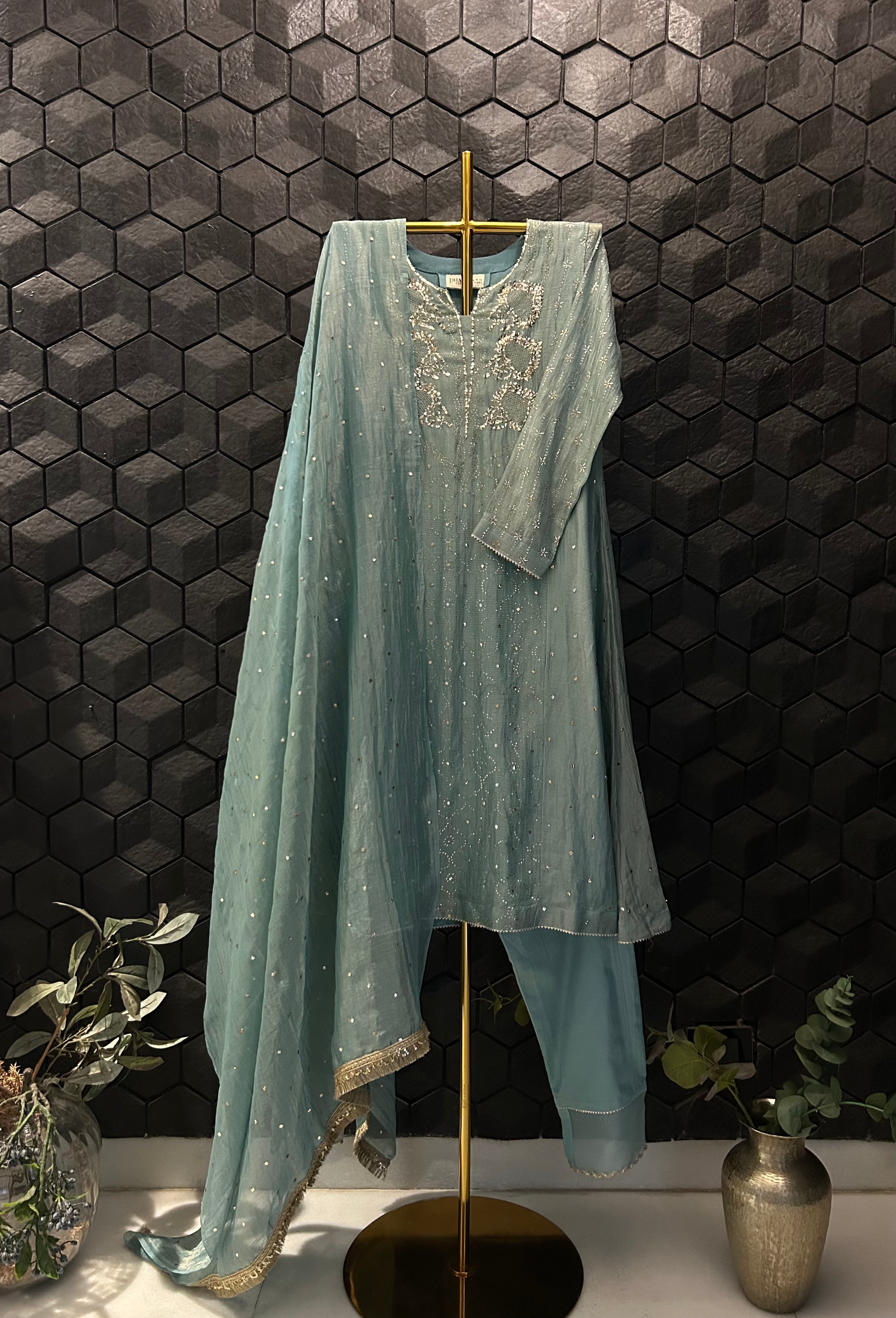 Green Golden Tissue Mukaish Suit Set