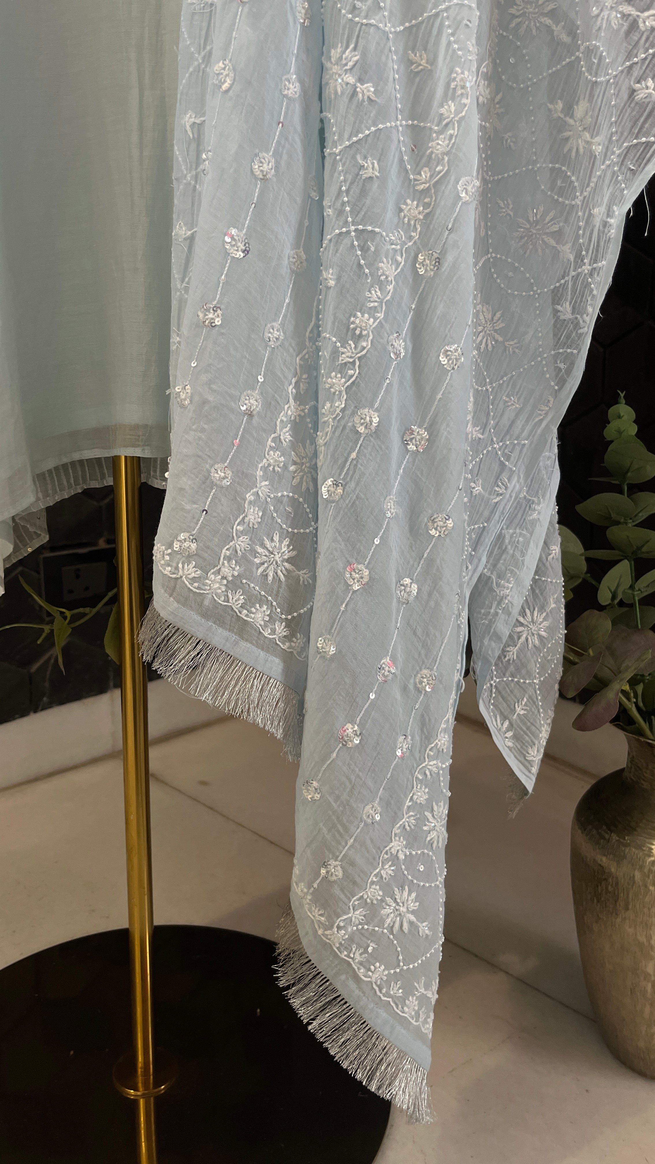 Blue Mul Chanderi Chikankari Kurta Set
