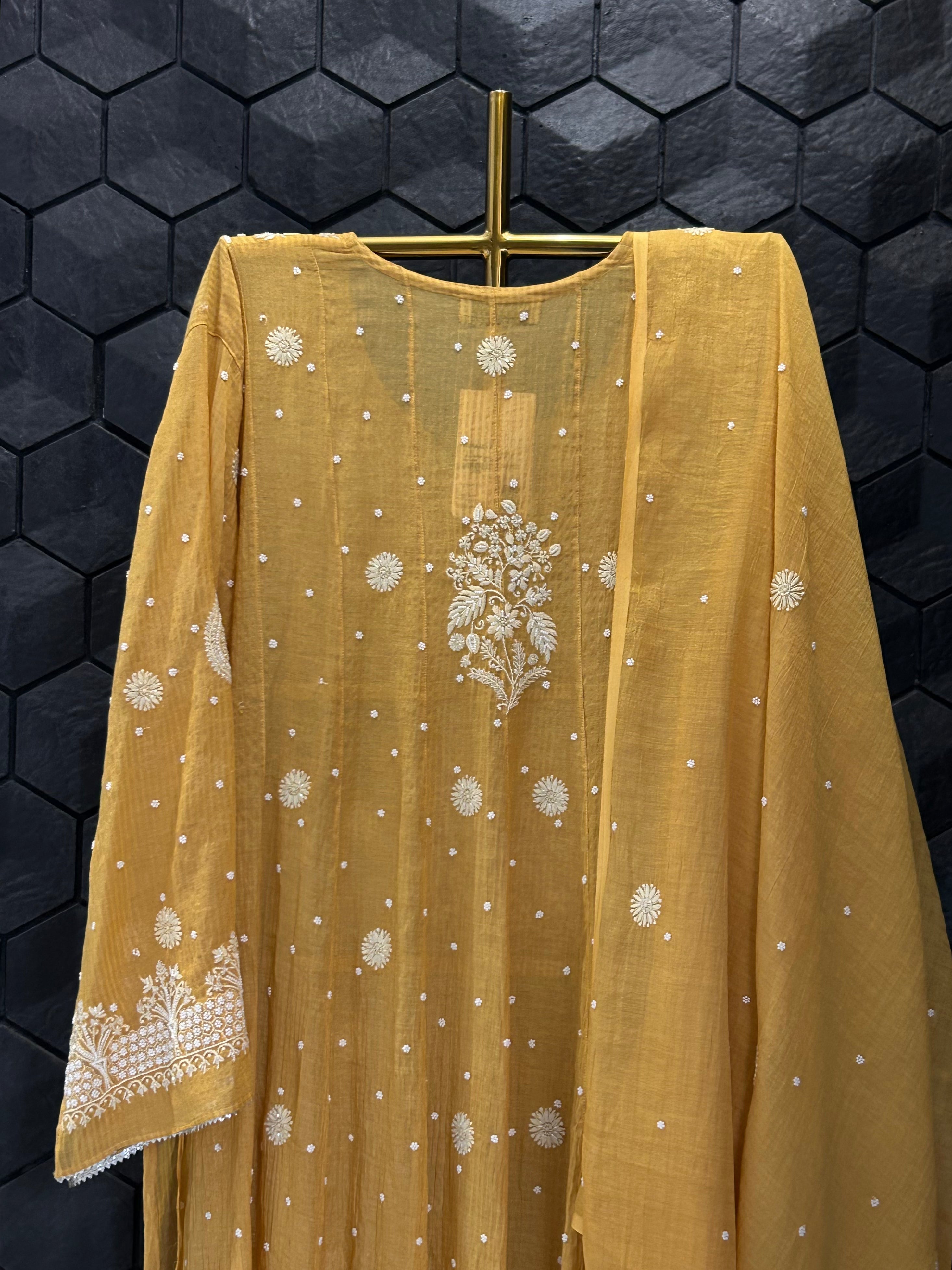 Yellow Striped Tissue Chikankari Anarkali Set