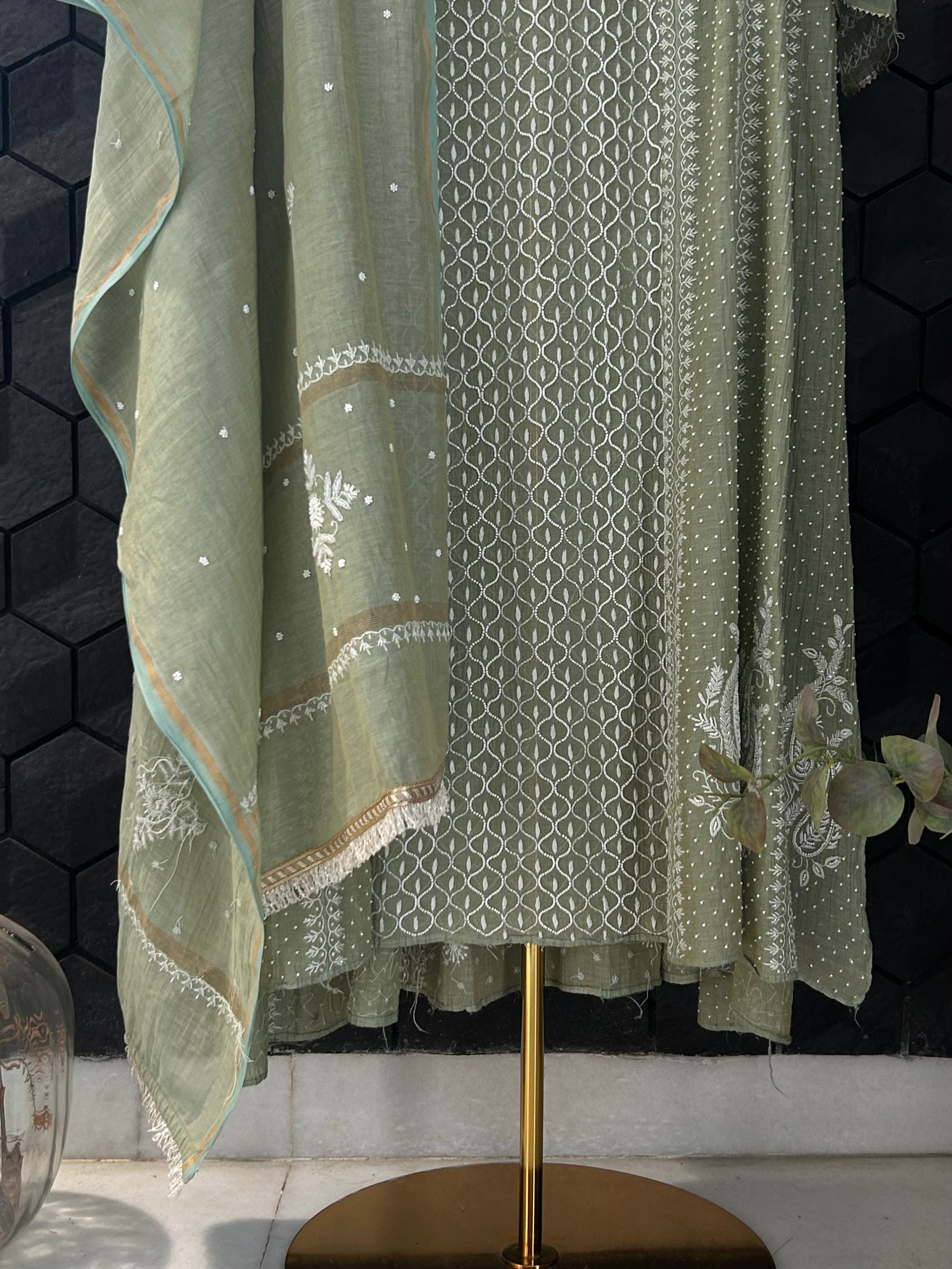 Sage Green Silver Tissue Chikankari Anarkali Set