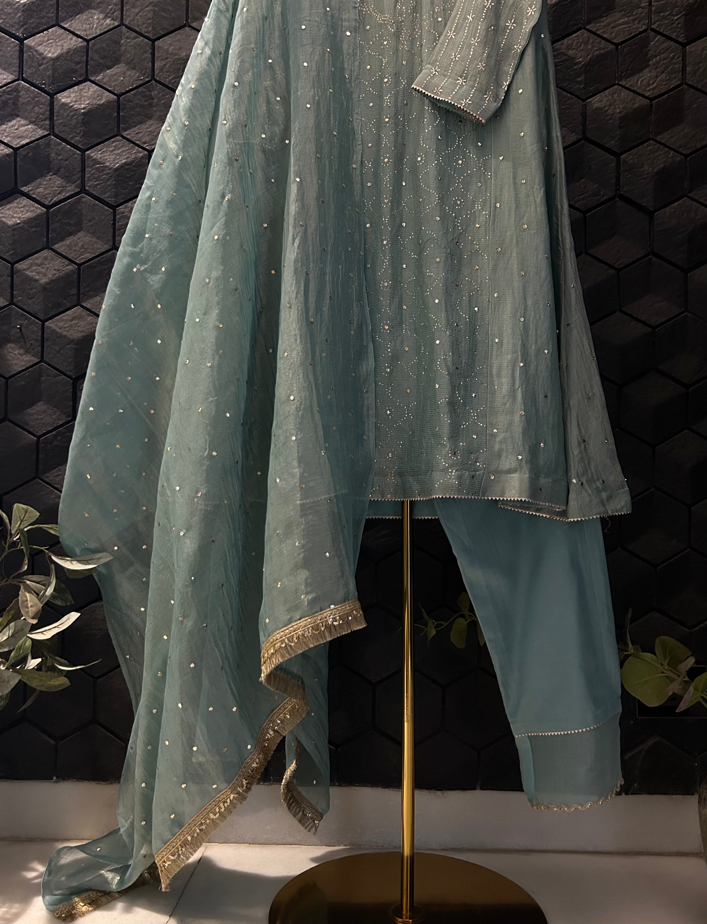 Green Golden Tissue Mukaish Suit Set