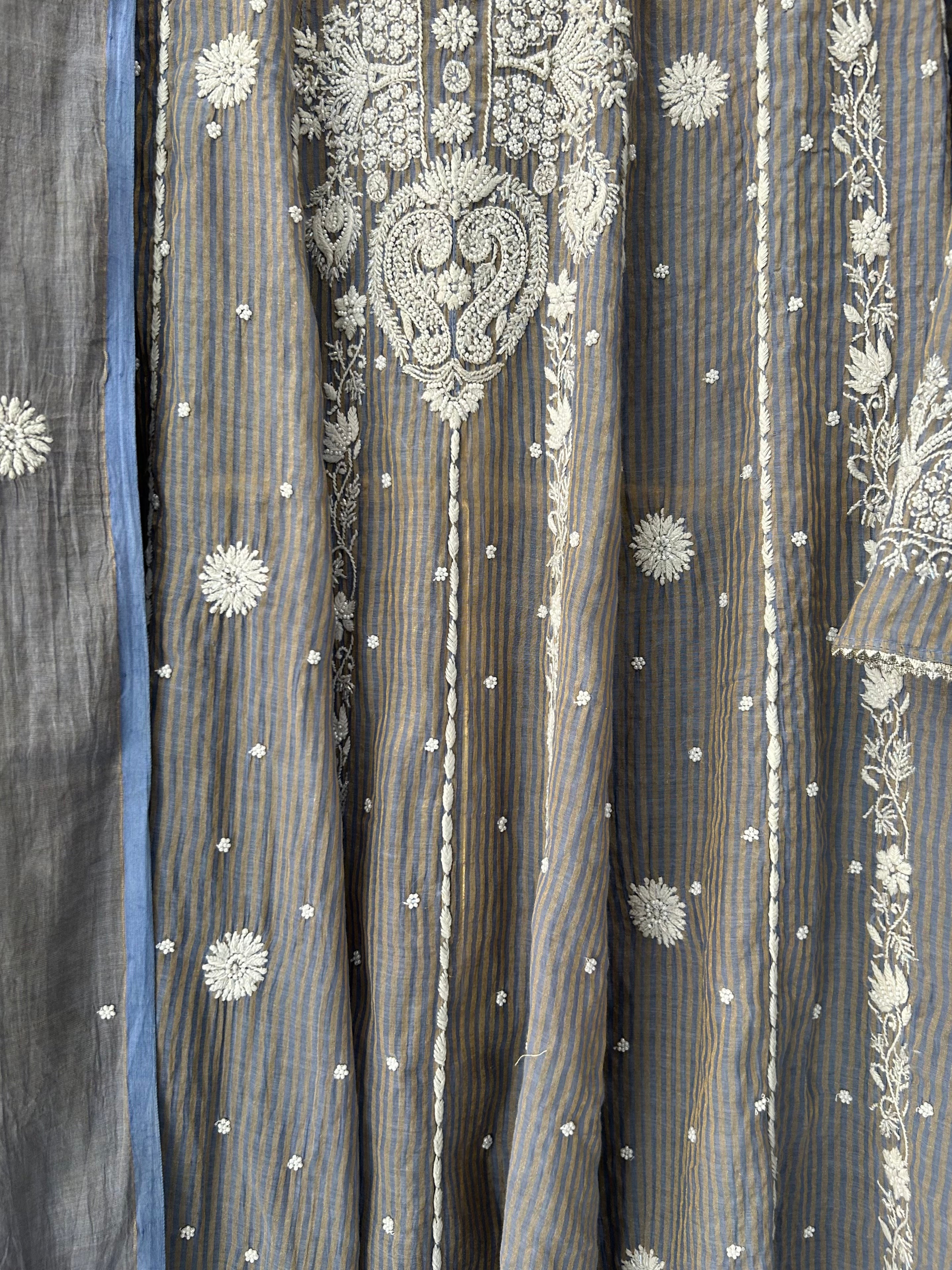 Grey Striped Tissue Chikankari Anarkali Set
