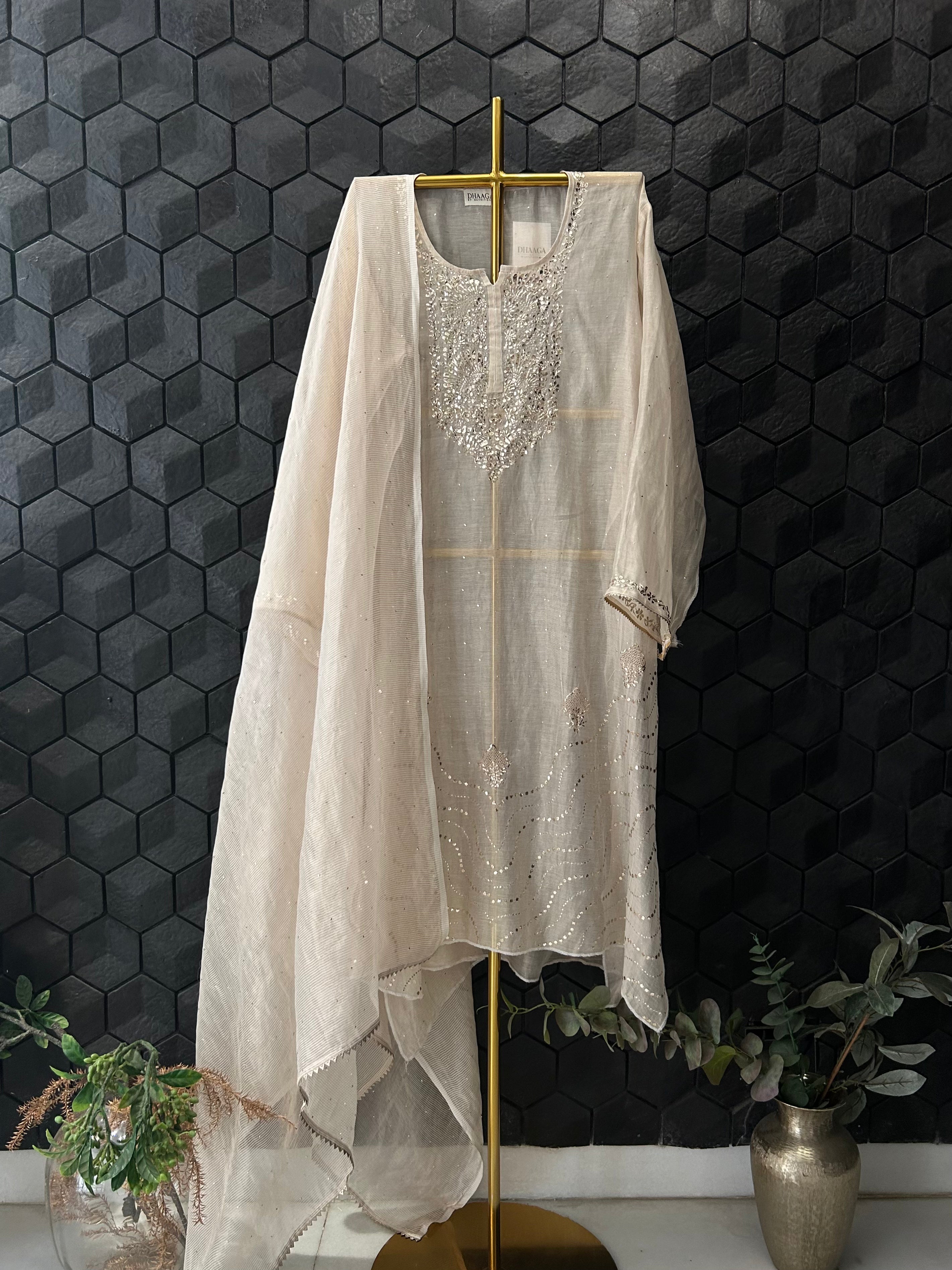 Natural Tissue Chikankari Mukaish Kurta Set