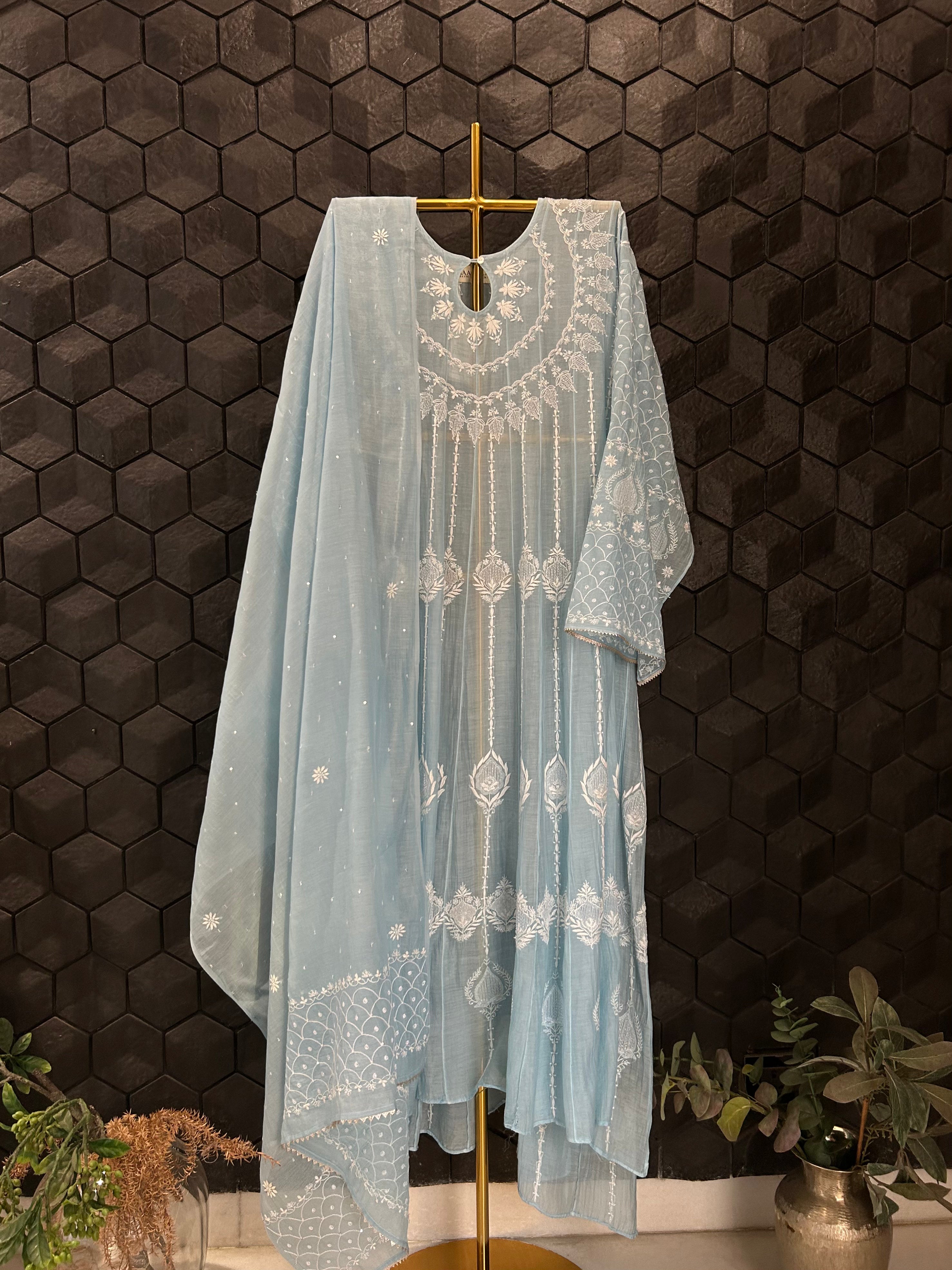 Sky Blue Mul Chanderi Chikankari Anarkali Set