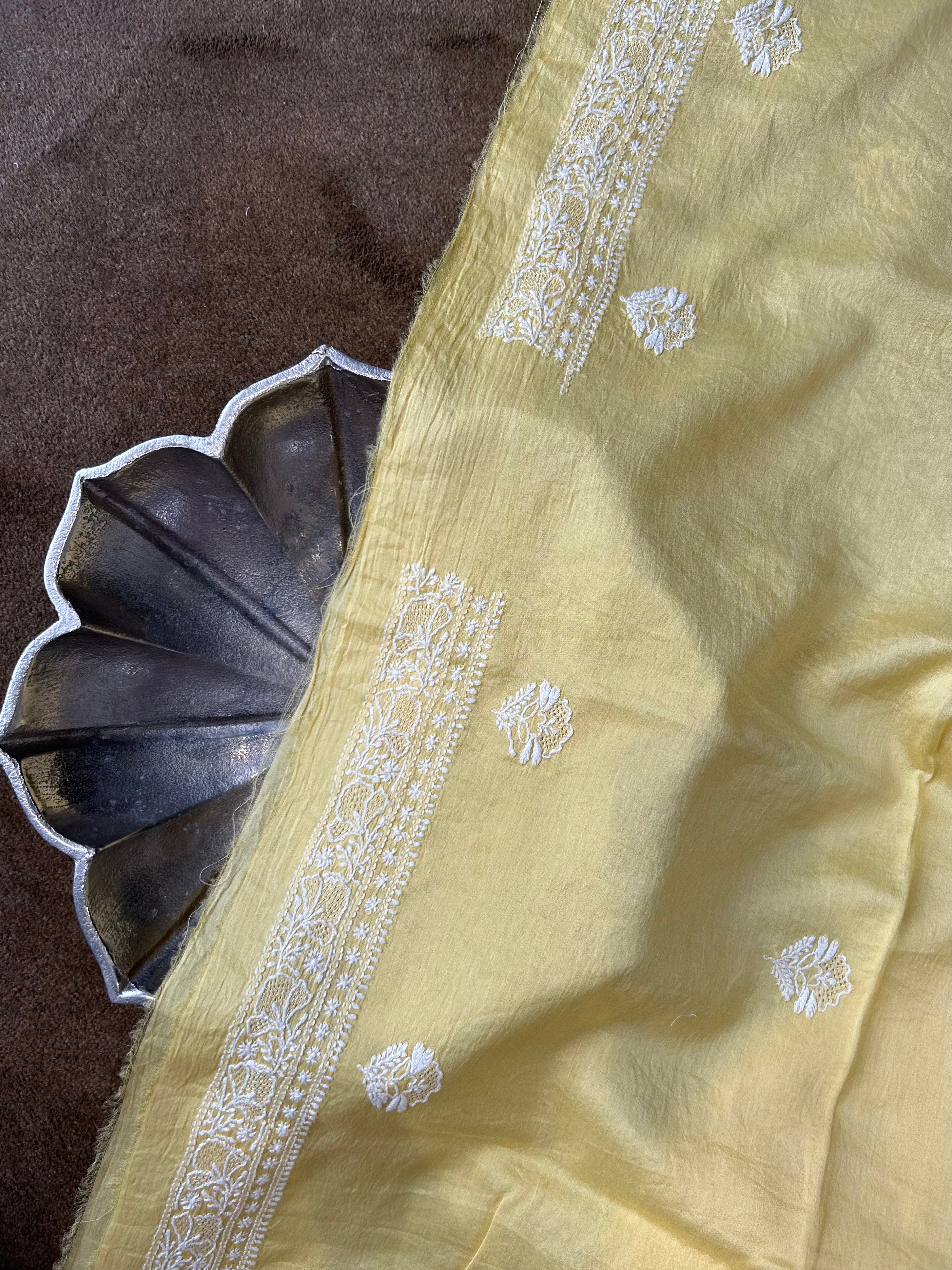 Yellow Chanderi Chikankari Mens Kurta