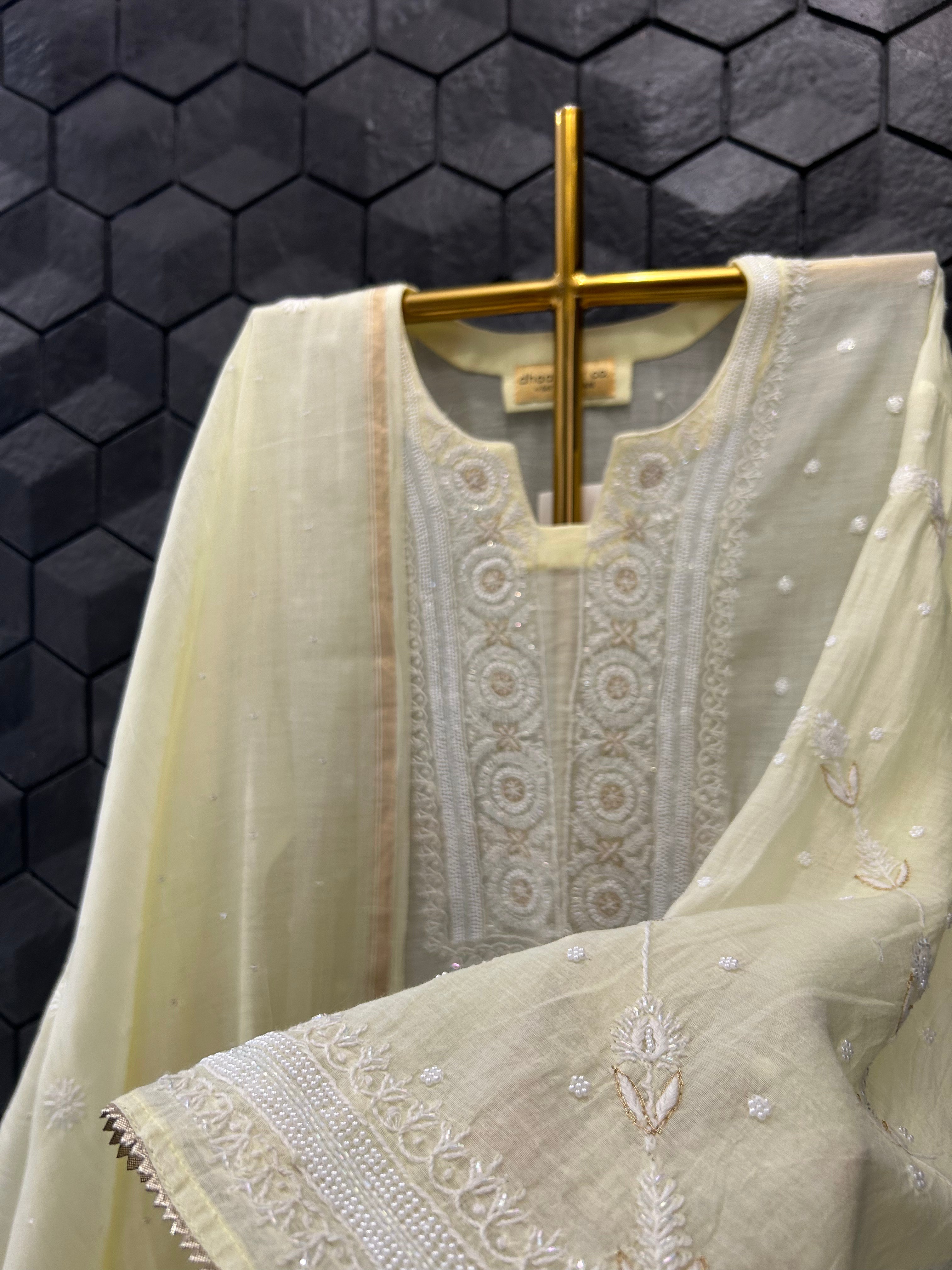Lime Green Mul Chanderi Chikankari Kurta Set