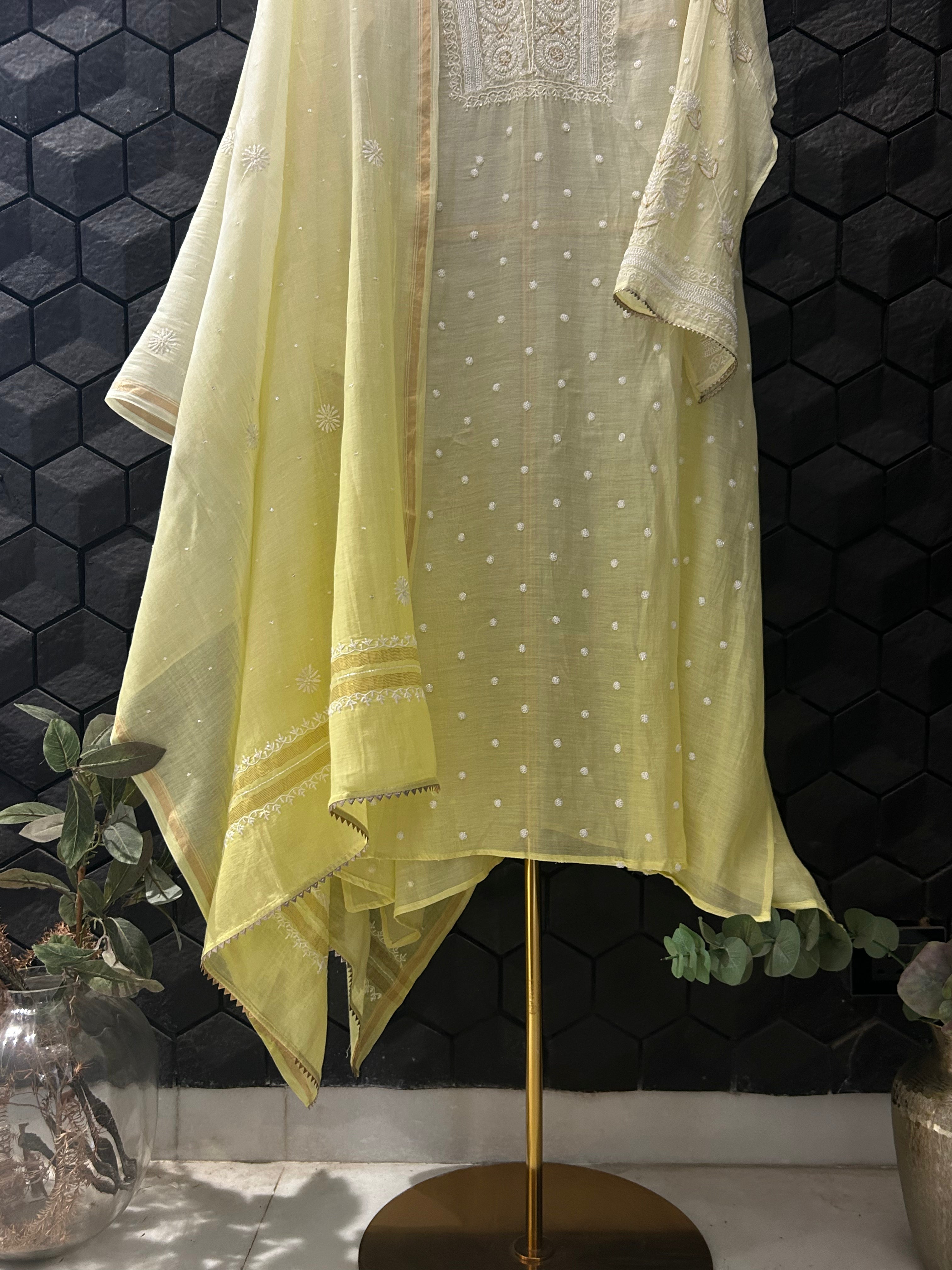 Lime Green Mul Chanderi Chikankari Kurta Set