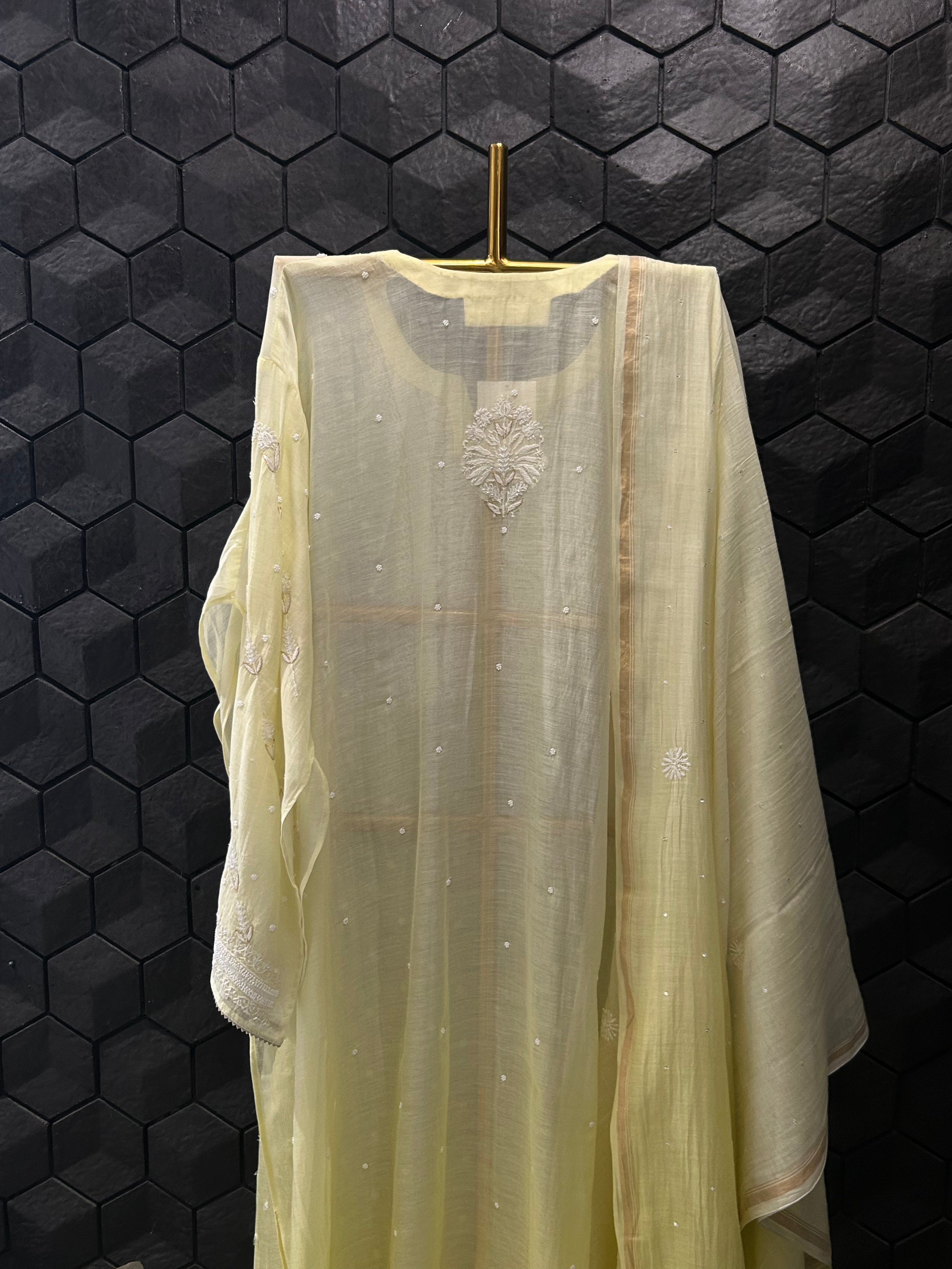 Lime Green Mul Chanderi Chikankari Kurta Set