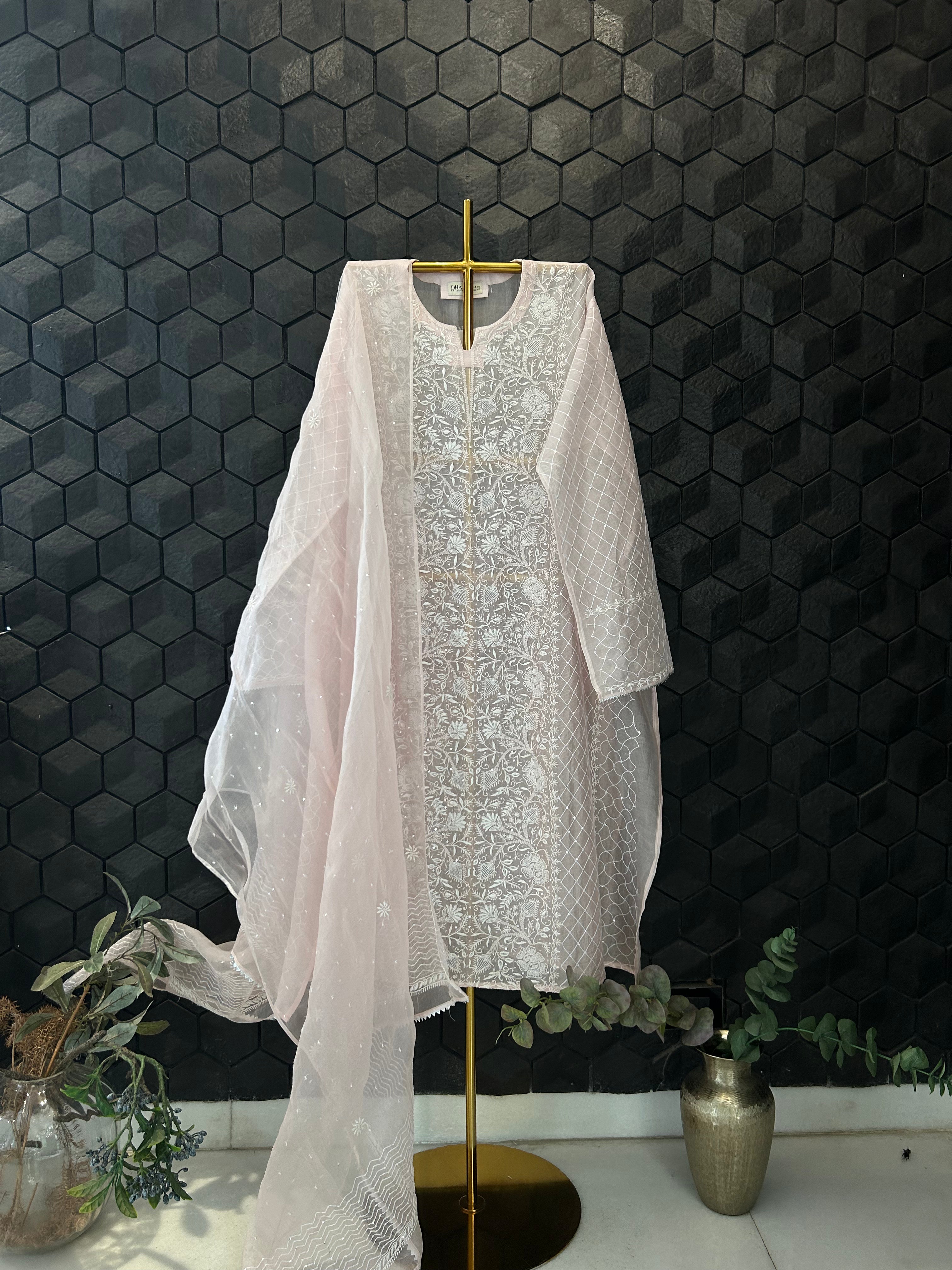 Pink Organza Chikankari Kurta Set
